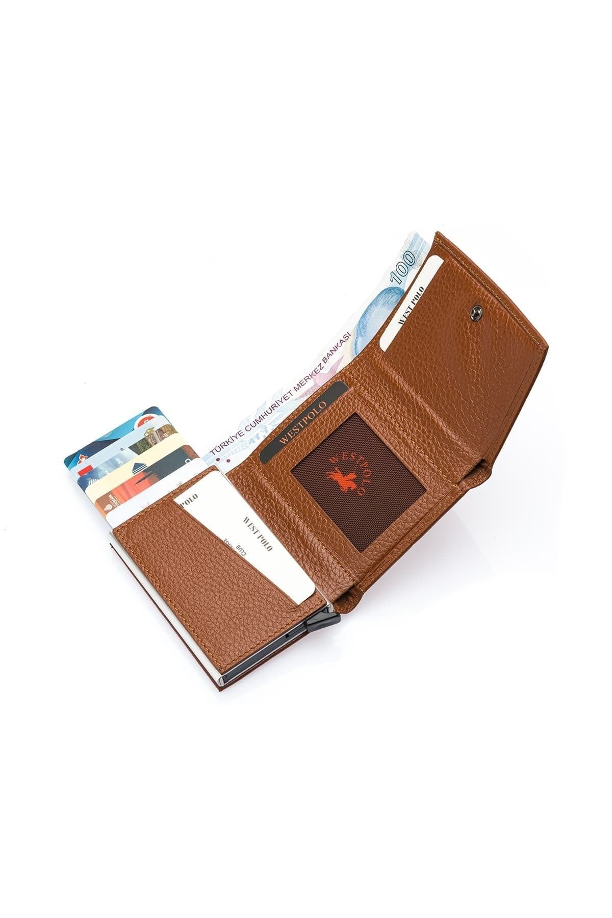 Westpolo-Tan Men's Genuine Leather Mechanical Wallet Card Holder Try5550 2