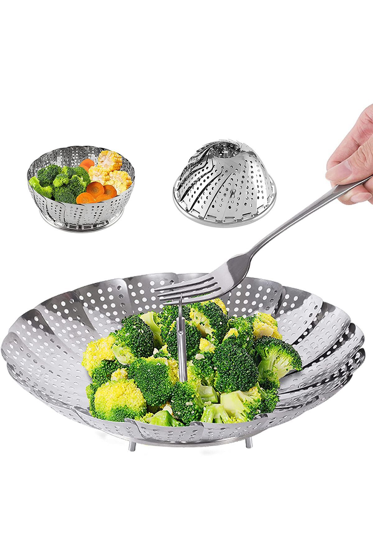 teknotrust Çelik Katlanır Buharda Sebze Pişirici Haşlayıcı Haşlama Sepeti Aparatı Paslanmaz Çelik Buharlı Pişi