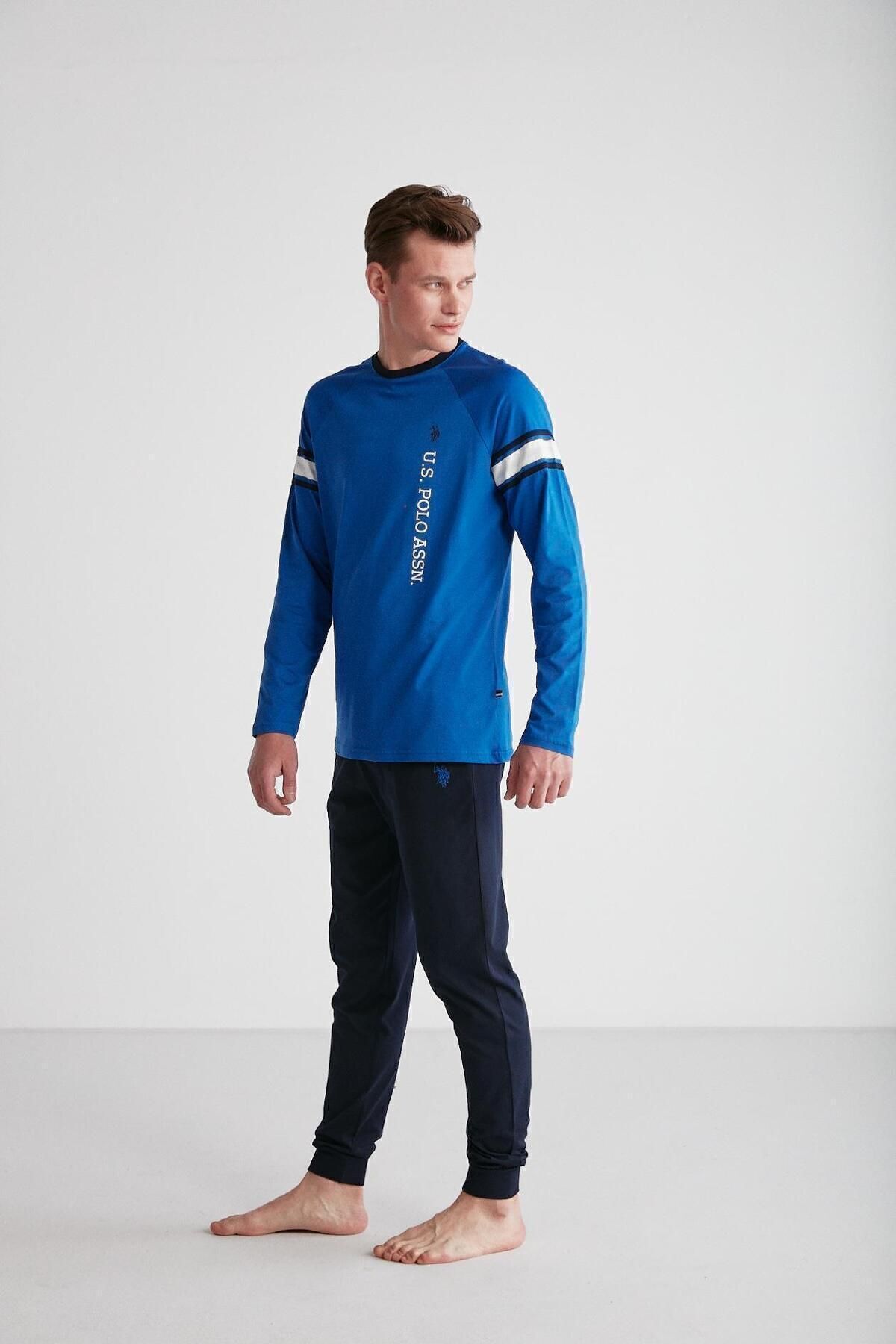 ست پیژامه آبی مردانه لباس خواب یقه گرد ساق اسکینی U.S. Polo Assn.