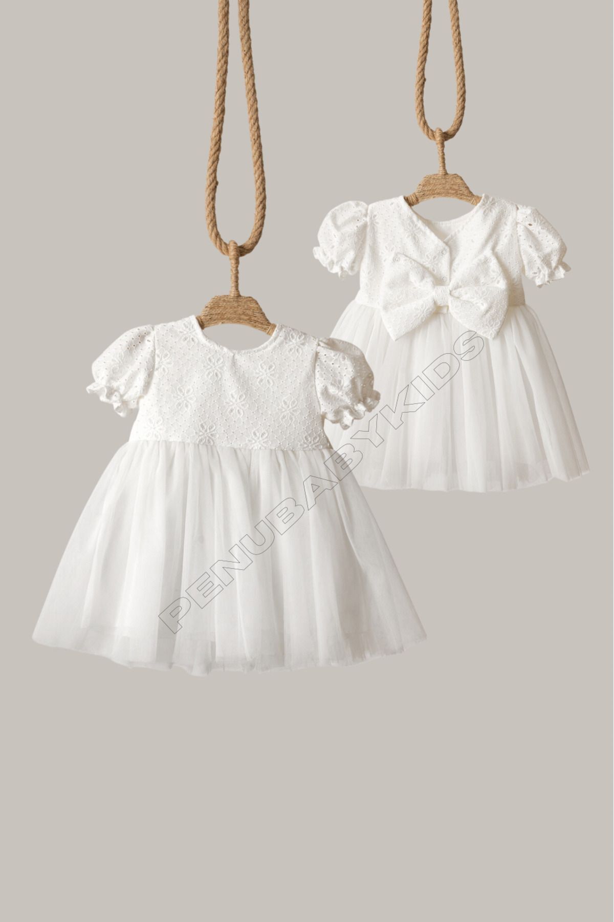 penu baby kids Beyaz Fisto Detaylı Tül Etekli Kısa Kol Kız Bebek Elbise fotoğrafı 5 (önizleme)