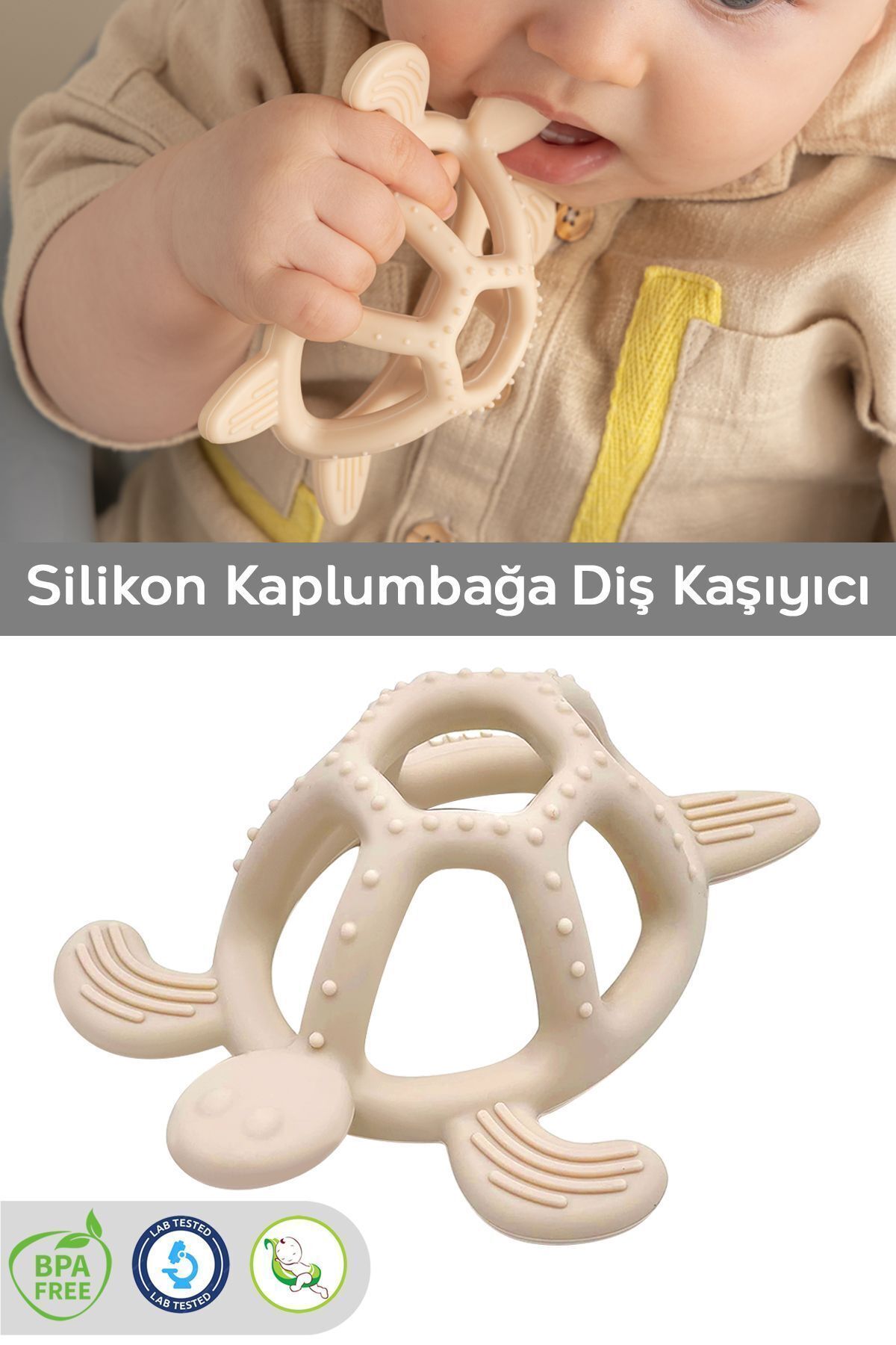 Kaplumbağa Figürlü Bebek Dişlik - Diş Kaşıyıcı Bebek Dişliği - Bej
