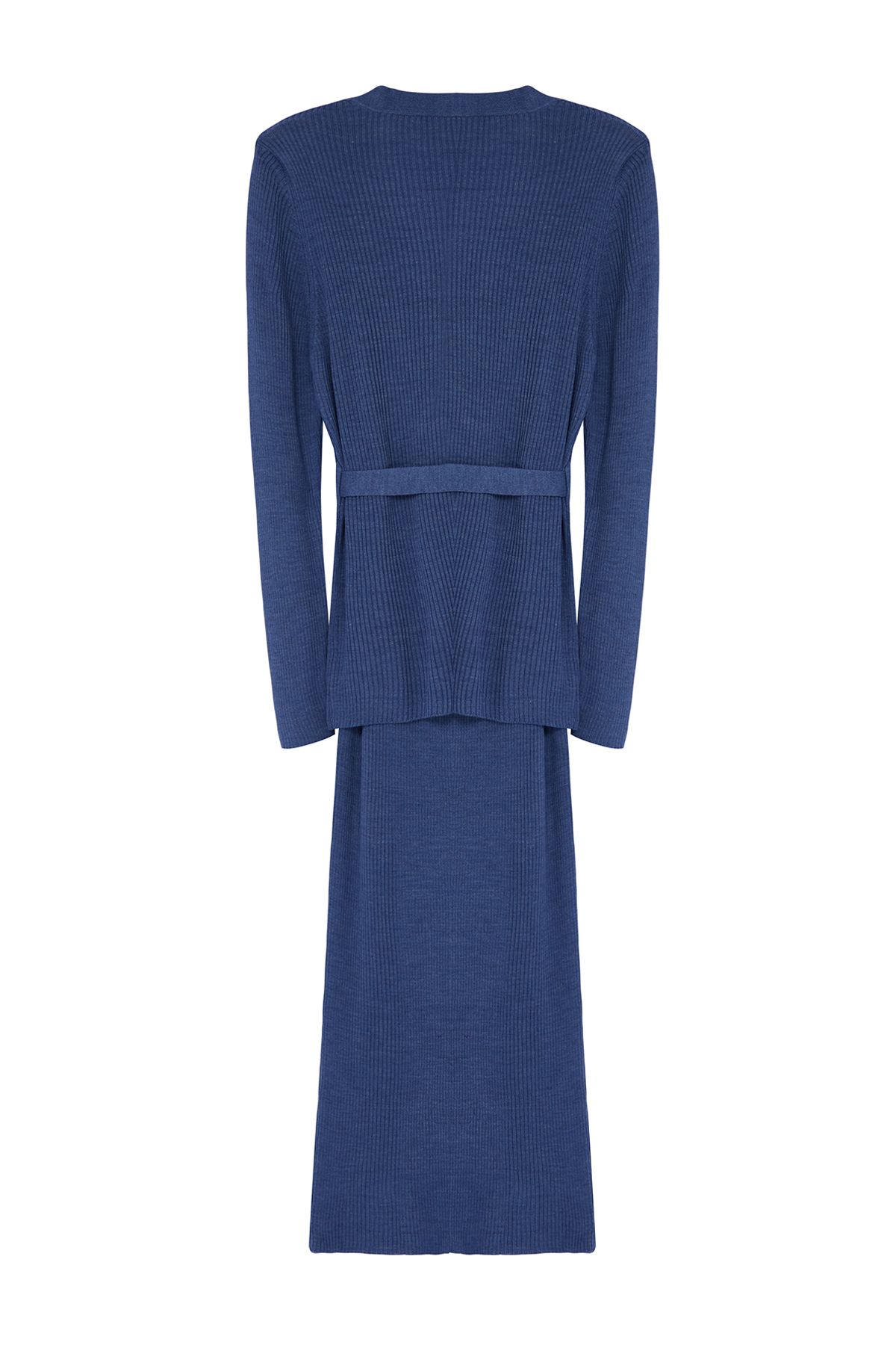 Trendyol Collection-Indigofarbenes, geripptes, mittelgroßes 2-teiliges Strick-Cardigan-Kleid in Übergröße und Umstandsstrickkleid TBBAW24AH00016 8