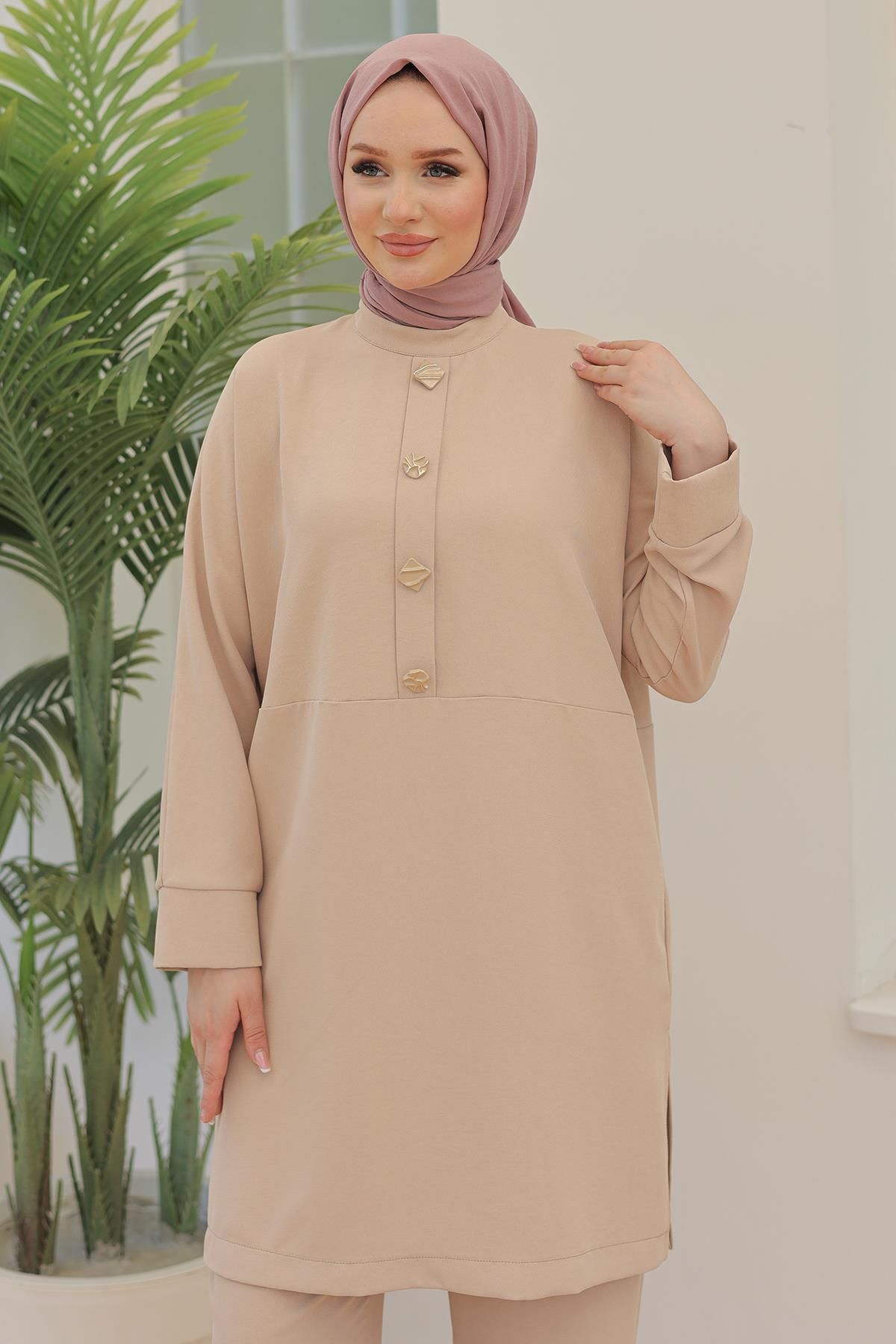 ARMİNE TREND Önden Düğme Detaylı Pantolonlu İkili Takım Bej 24YT659
