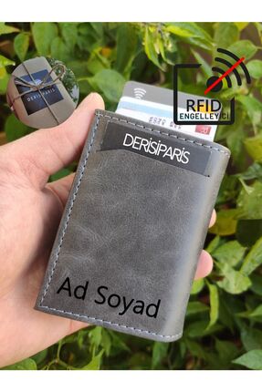 YNS LEATHER Kişiye Özel Isim Baskılı Gri Renk Mekanizmalı Kartlık