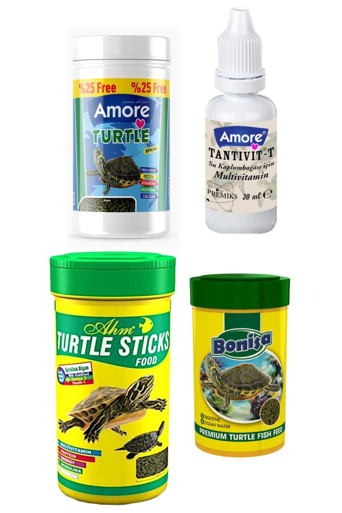 AMORE Turtle Calcium Sticks 125ml, AHM-250, Bonisa-100 Su Kaplumbağası Yüzen Yemi, Multivitamin