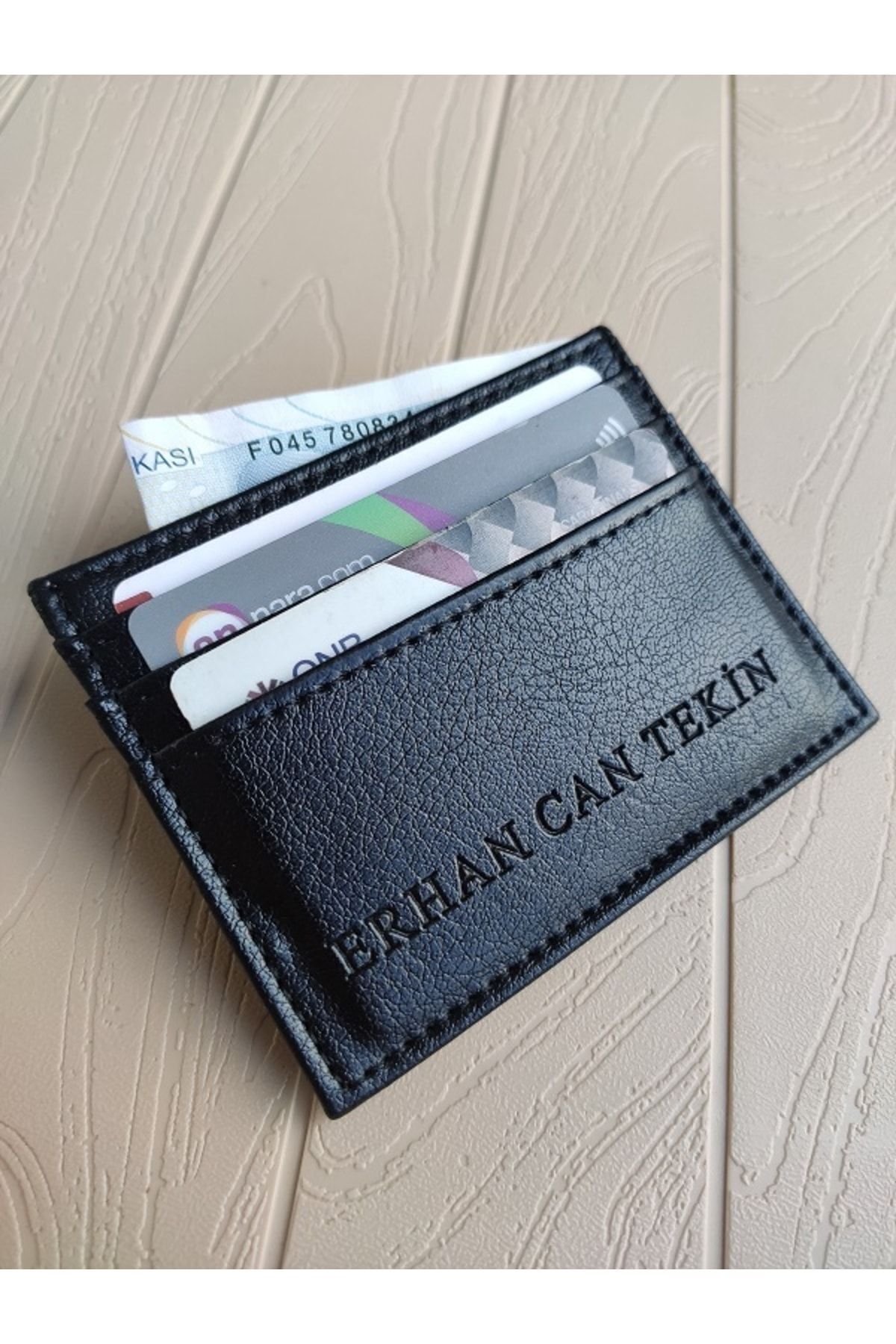 derisiparis  Unisex Siyah Suni Deri Isim Baskılı Kişiye Özel Cüzdan Kartlık - Görsel 3