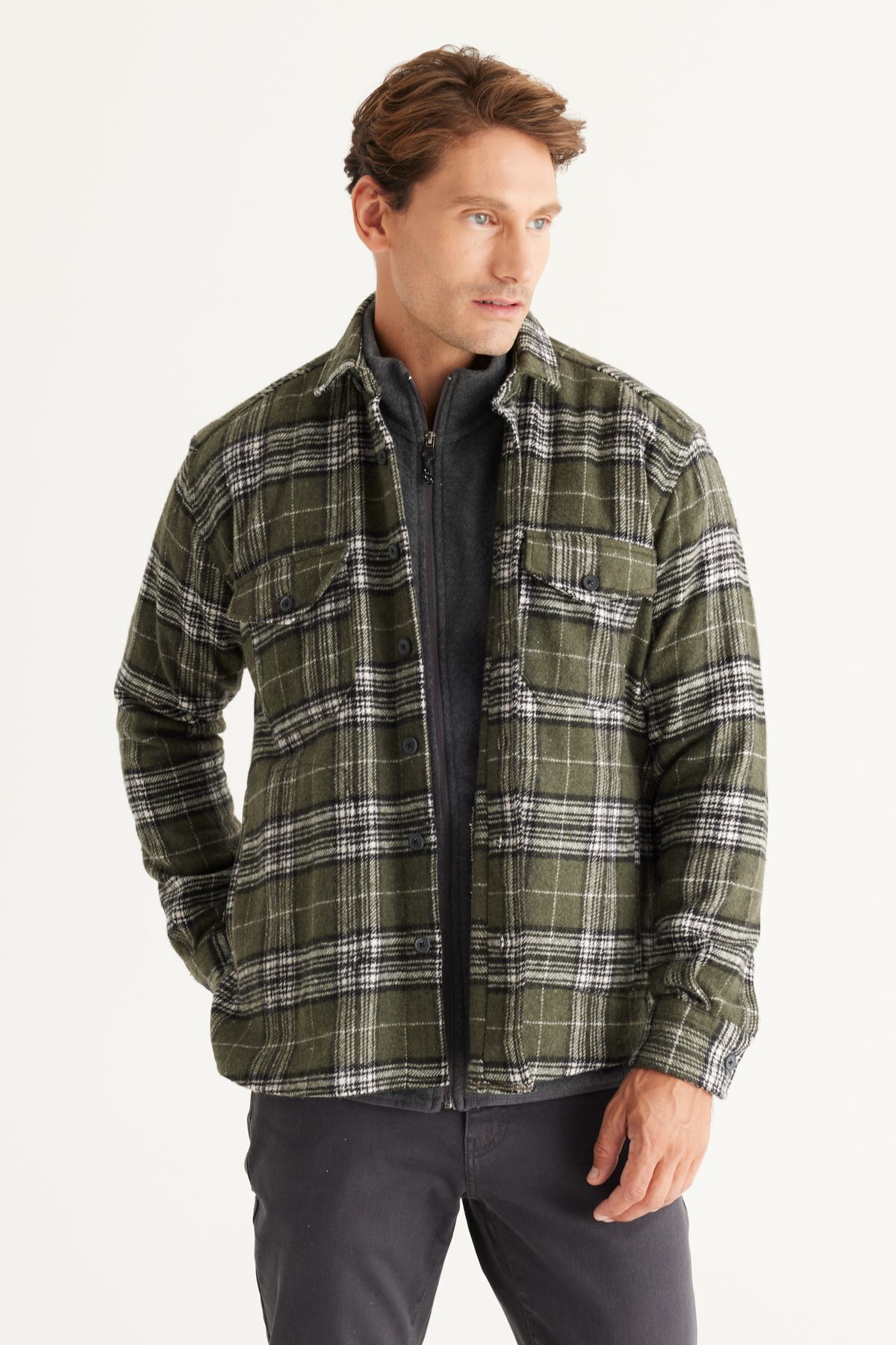 AC&Co / Altınyıldız Classics Męska Zimowa Marynarka W Kratę W Kolorze Khaki, Oversize, Z Luźnym Kołnierzykiem I Kołnierzykiem Mężczyzna - M