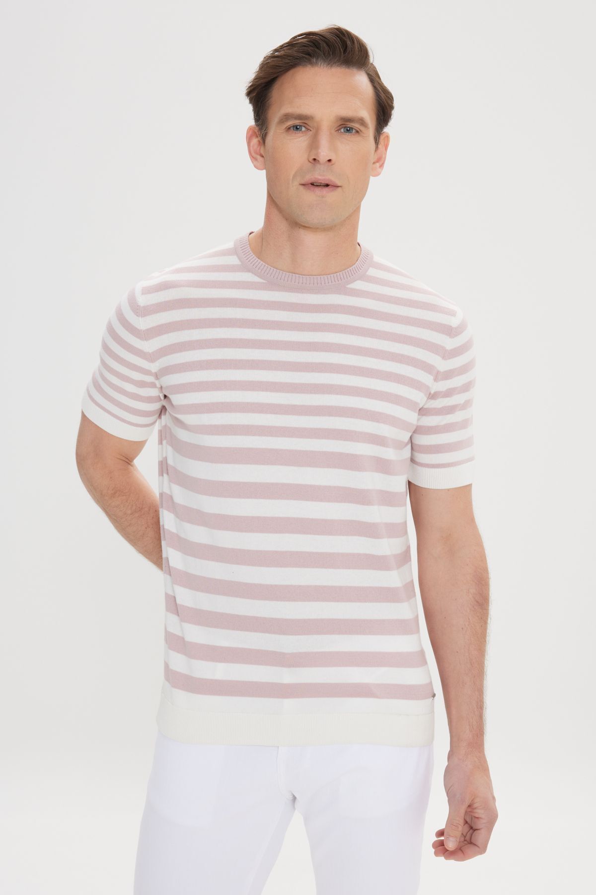 AC&Co / Altınyıldız Classics-Tricou pentru bărbați Dusty Rose-Ecru Slim Fit, 100% bumbac, cu dungi 3