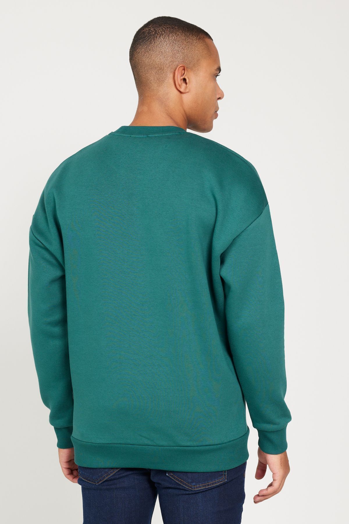 AC&Co / Altınyıldız Classics Erkek Koyu Yeşil Oversize Fit Bol Kesim Pamuklu Içi Polarlı 3 Iplik Bisiklet Yaka Sweatshirt görsel 4