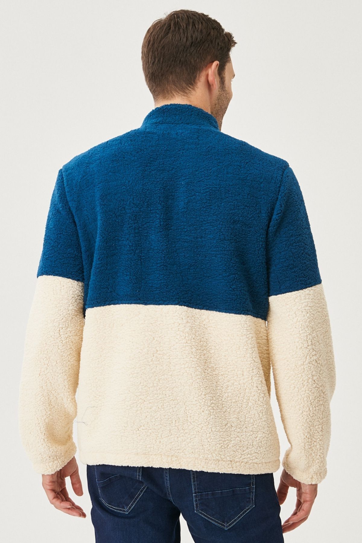 AC&Co / Altınyıldız Classics Erkek Petrol Tas Standart Fit Dik Bato Yaka Kanguru Cepli Çift Renkli Sherpa Polar Sweatshirt görsel 5