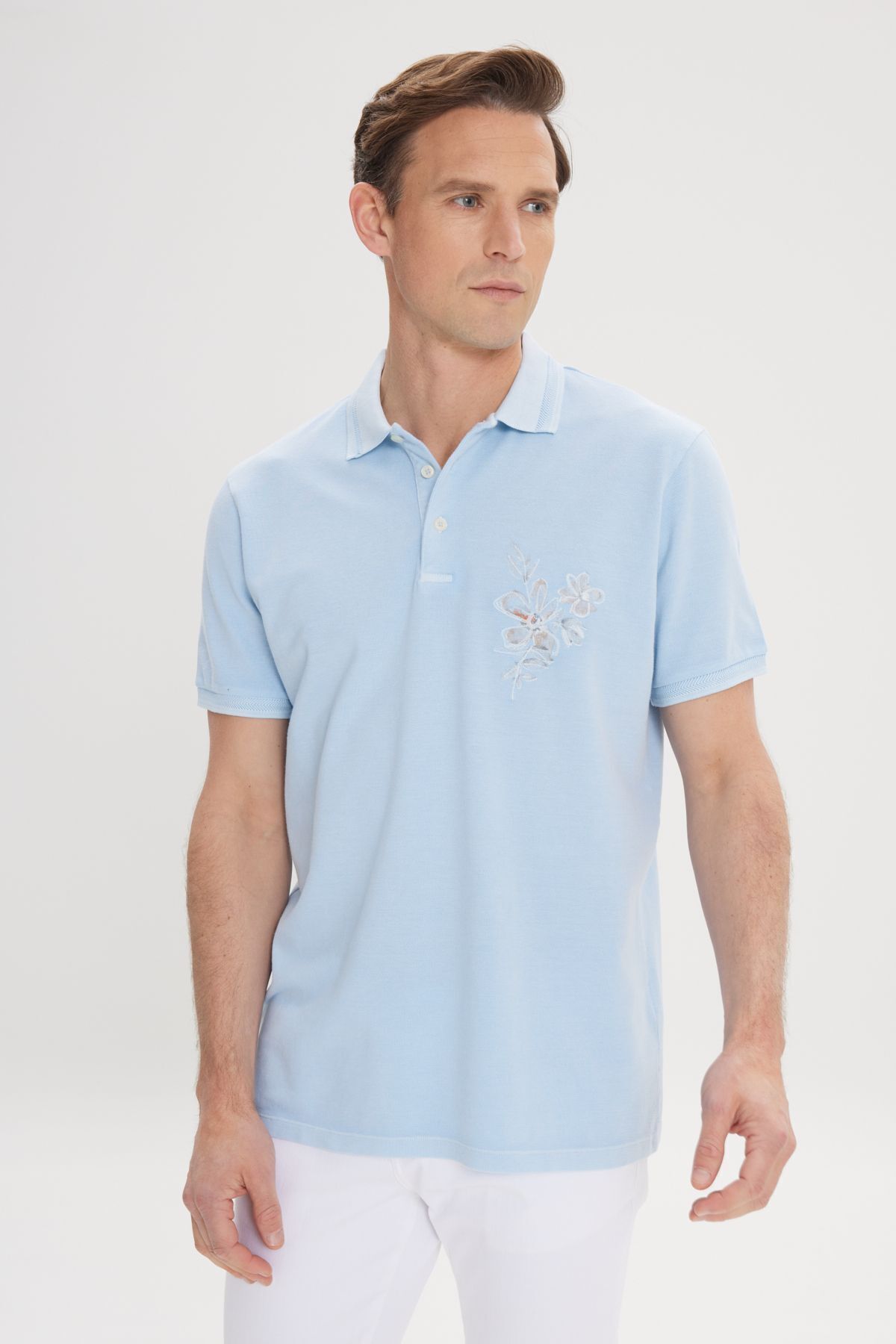 Erkek Açık İndigo Slim Fit Dar Kesim %100 Pamuk Baskılı Polo Yaka Tişört