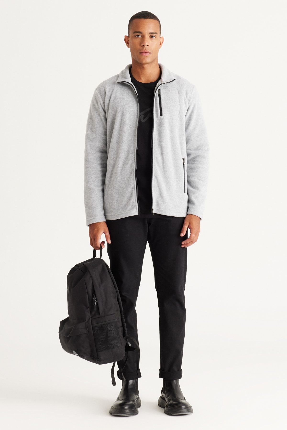 AC&Co / Altınyıldız Classics-Graue Melange-Sweatshirt-Fleecejacke mit Standard-Passform, Stehkragen und Taschenreißverschluss, kältebeständig 4
