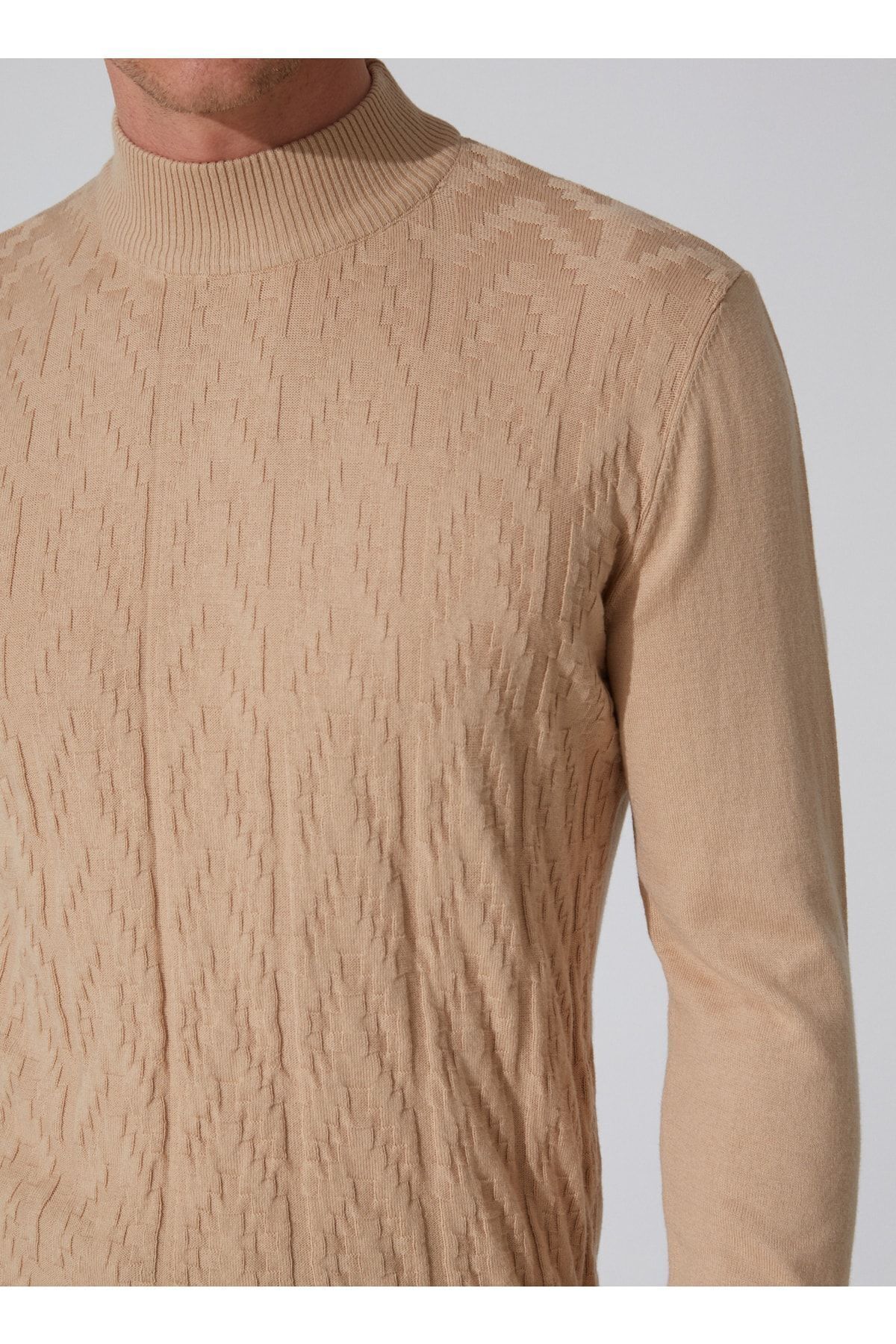 ALTINYILDIZ CLASSICS-Beigefarbener, nicht pillender Dobby-Strickpullover mit normaler Passform und halbem Rollkragen für Herren 5