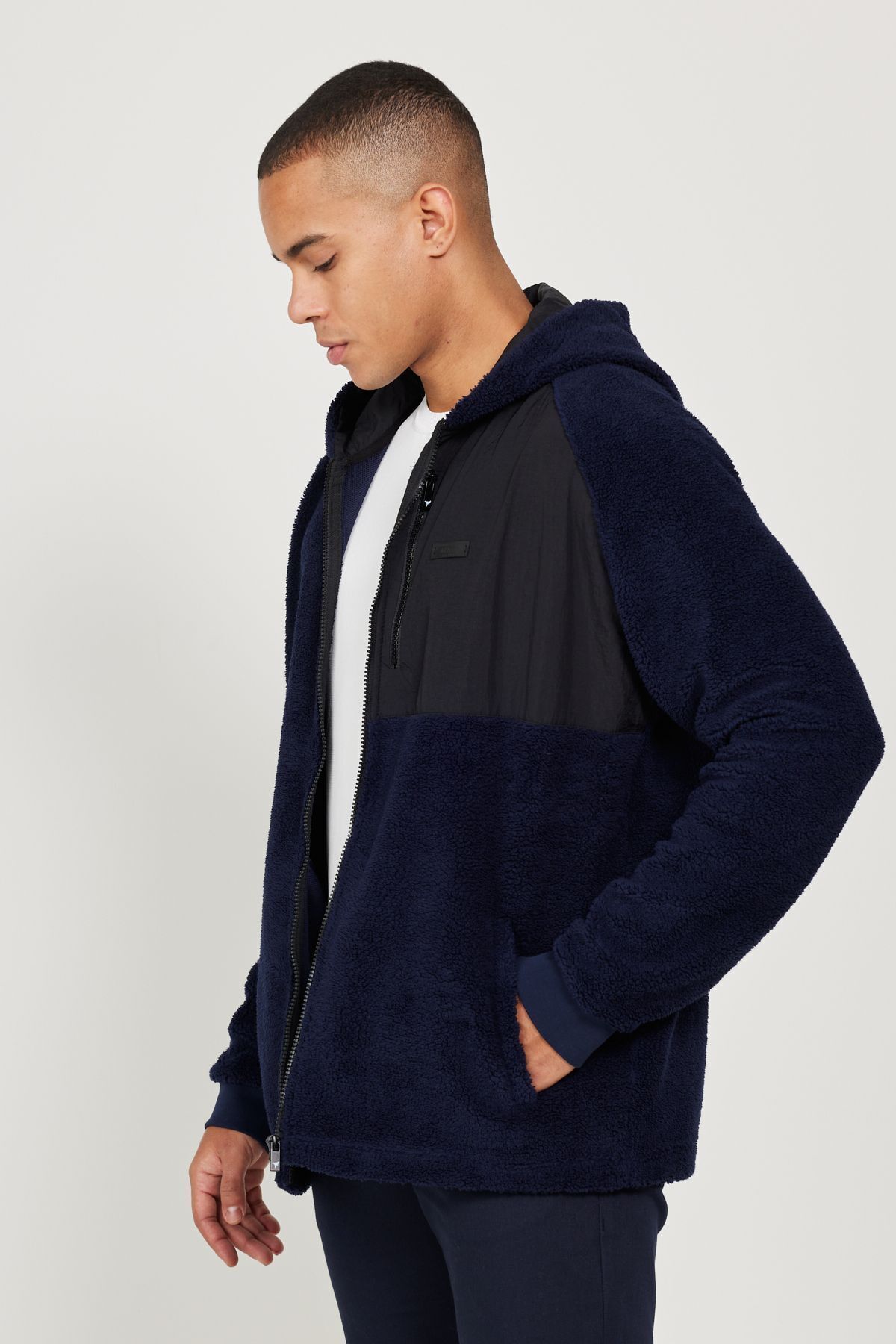 AC&Co / Altınyıldız Classics Erkek Lacivert Oversize Bol Kesim Kapüşonlu Sherpa Polar Sweatshirt Ceket görsel 4