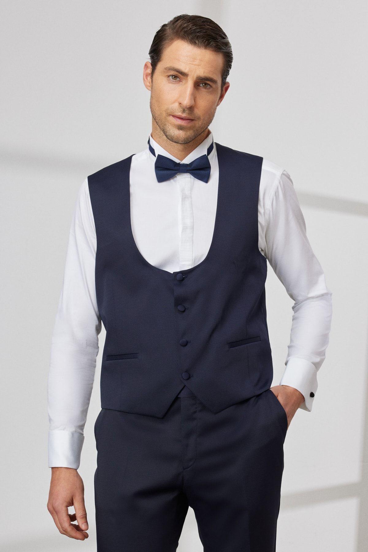 ALTINYILDIZ CLASSICS-Costum smoking pentru bărbați, albastru marin, slim fit, cu guler înghițit, cu vestă Dobby 5