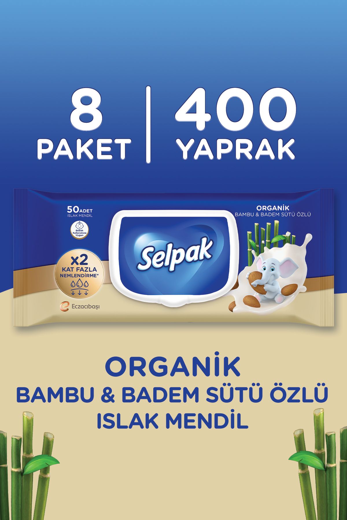 ® Organik Bambu Özlü & Badem Sütü Özlü Islak Mendil 8Li 400 Yaprak