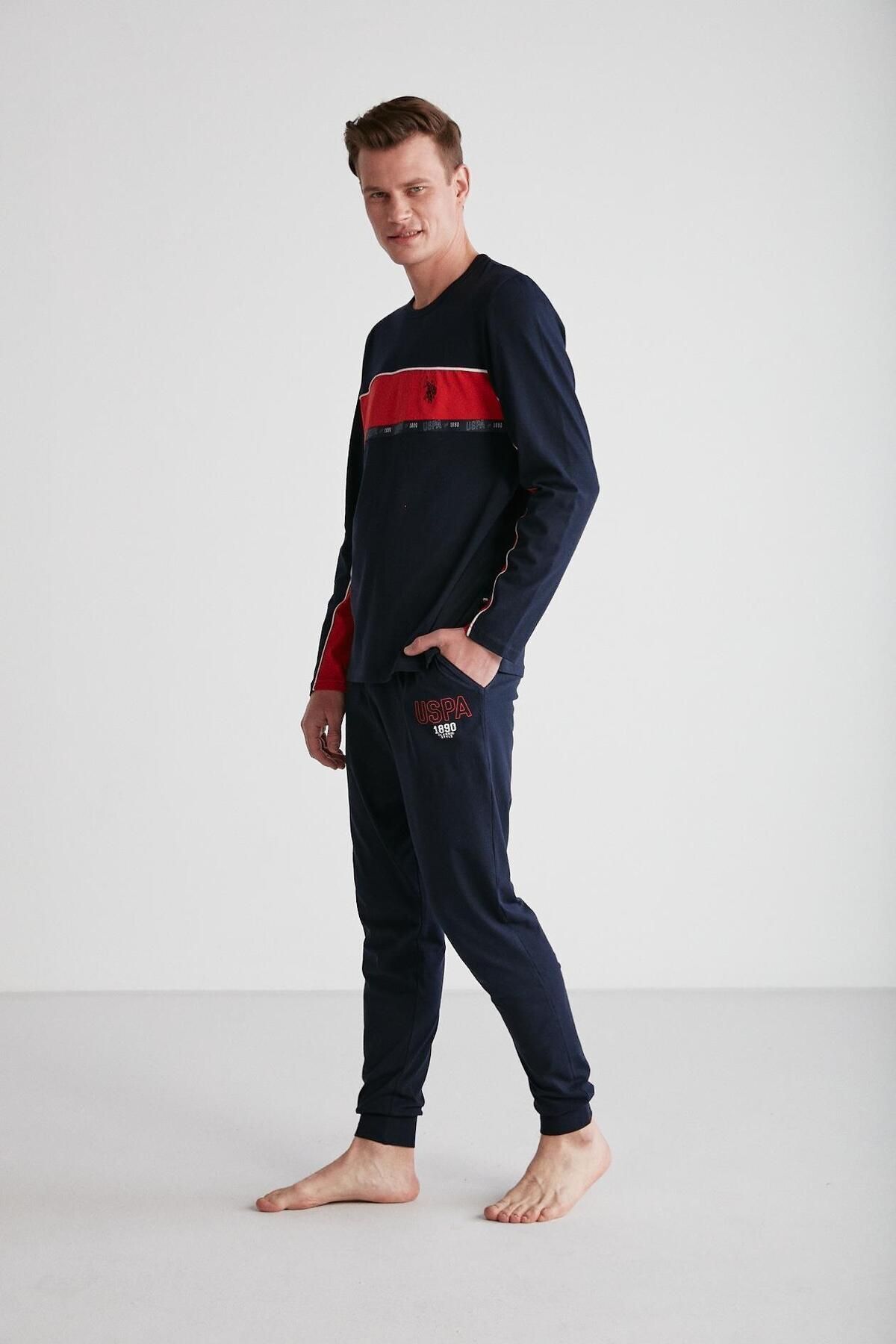 ست پیژامه آبی مردانه لباس خواب یقه گرد سرمه ای U.S. Polo Assn.