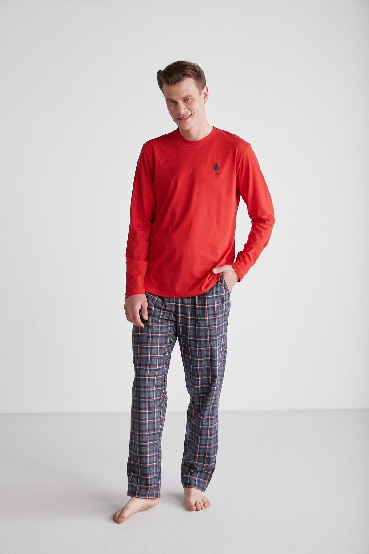 ست پیژامه قرمز مردانه لباس خواب یقه گرد U.S. Polo Assn.