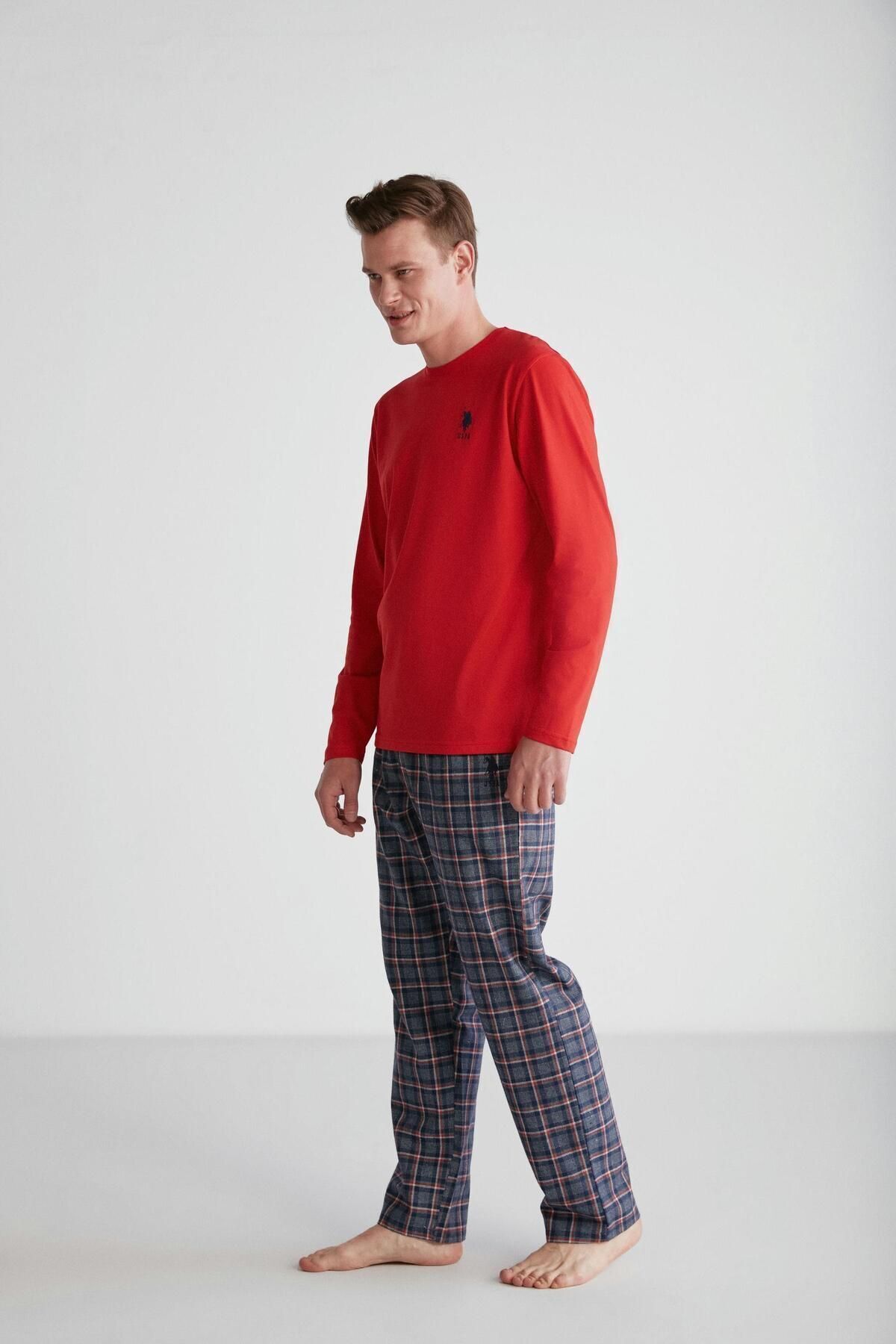 ست پیژامه قرمز مردانه لباس خواب یقه گرد U.S. Polo Assn.