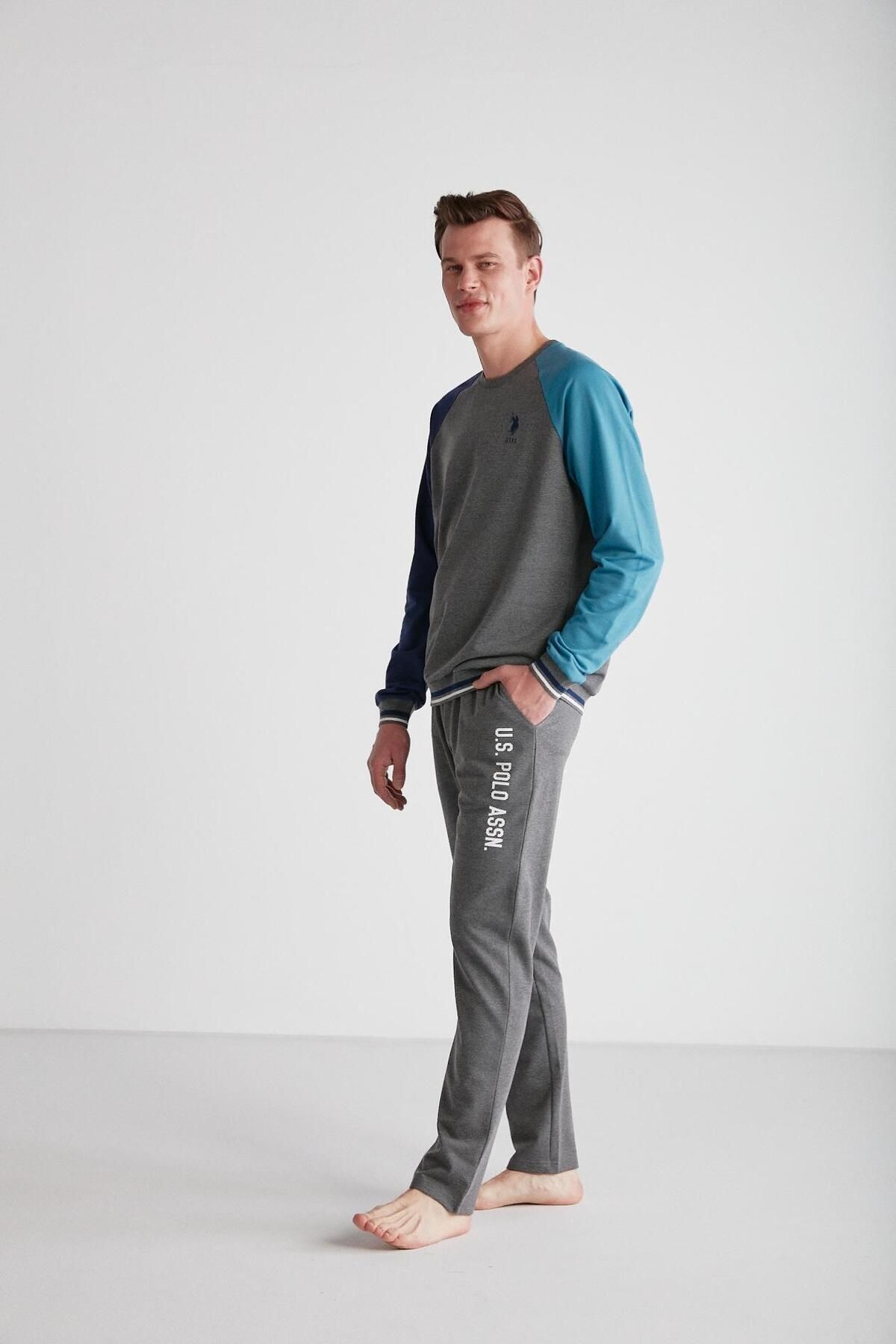 ست پیژامه خاکستری مردانه لباس خواب یقه گرد آنتراسیت ملانژ U.S. Polo Assn.