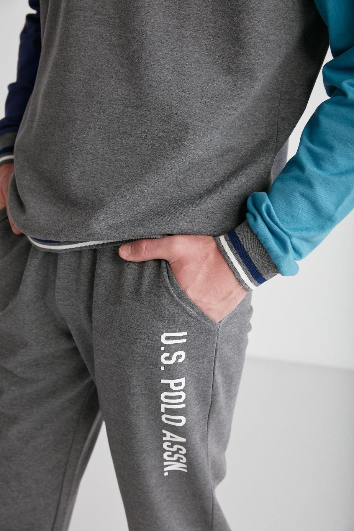 ست پیژامه خاکستری مردانه لباس خواب یقه گرد آنتراسیت ملانژ U.S. Polo Assn.