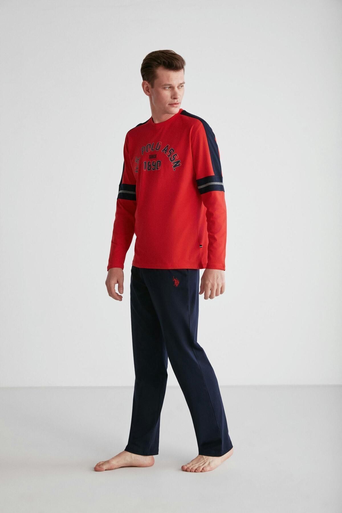 ست پیژامه قرمز مردانه لباس خواب یقه گرد U.S. Polo Assn.