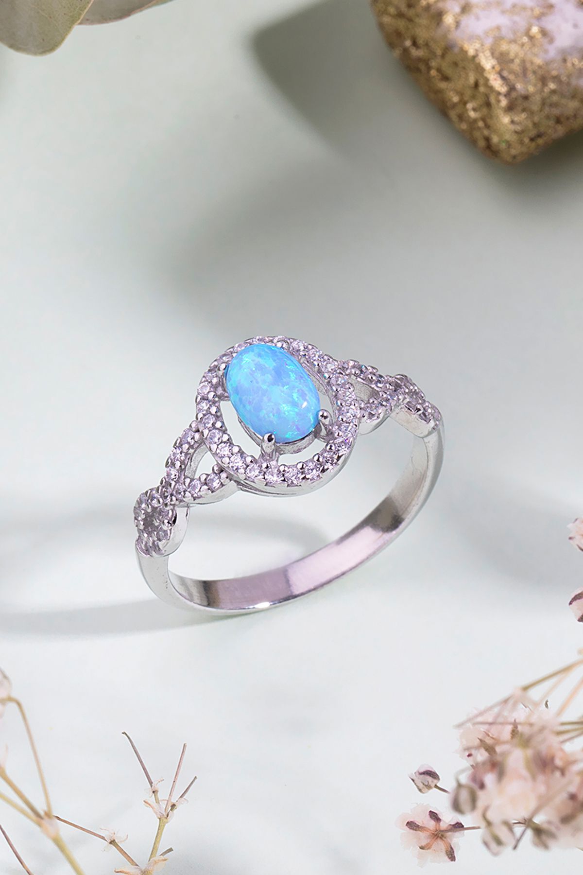 Oval Opal Taşlı Gümüş Yüzük - 13