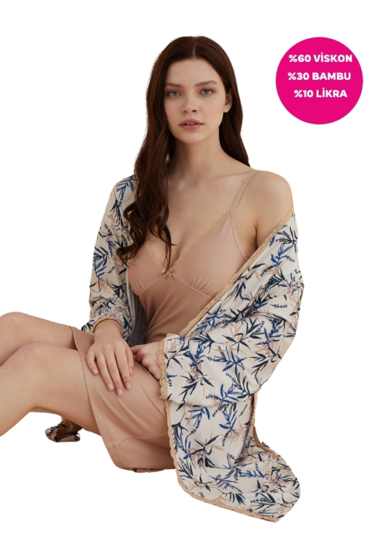 bie's Bej Çiçekli Ip Askılı Viskon V Yaka Dantel Detay 2li Bambu Gecelik Sabahlık - Çeyizlik 2 Parça Set