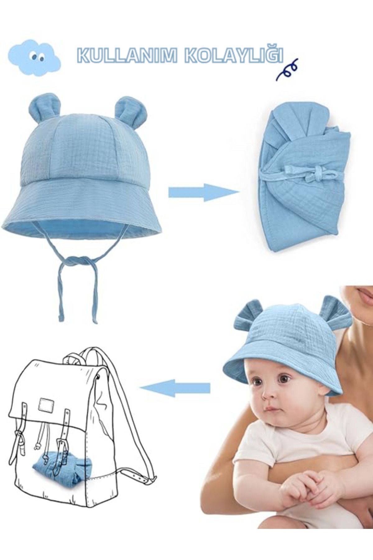 TEGA Ayıcık Detaylı Müslin Yazlık Bebek Şapka 0-2 Yaş fotoğrafı 3 (önizleme)