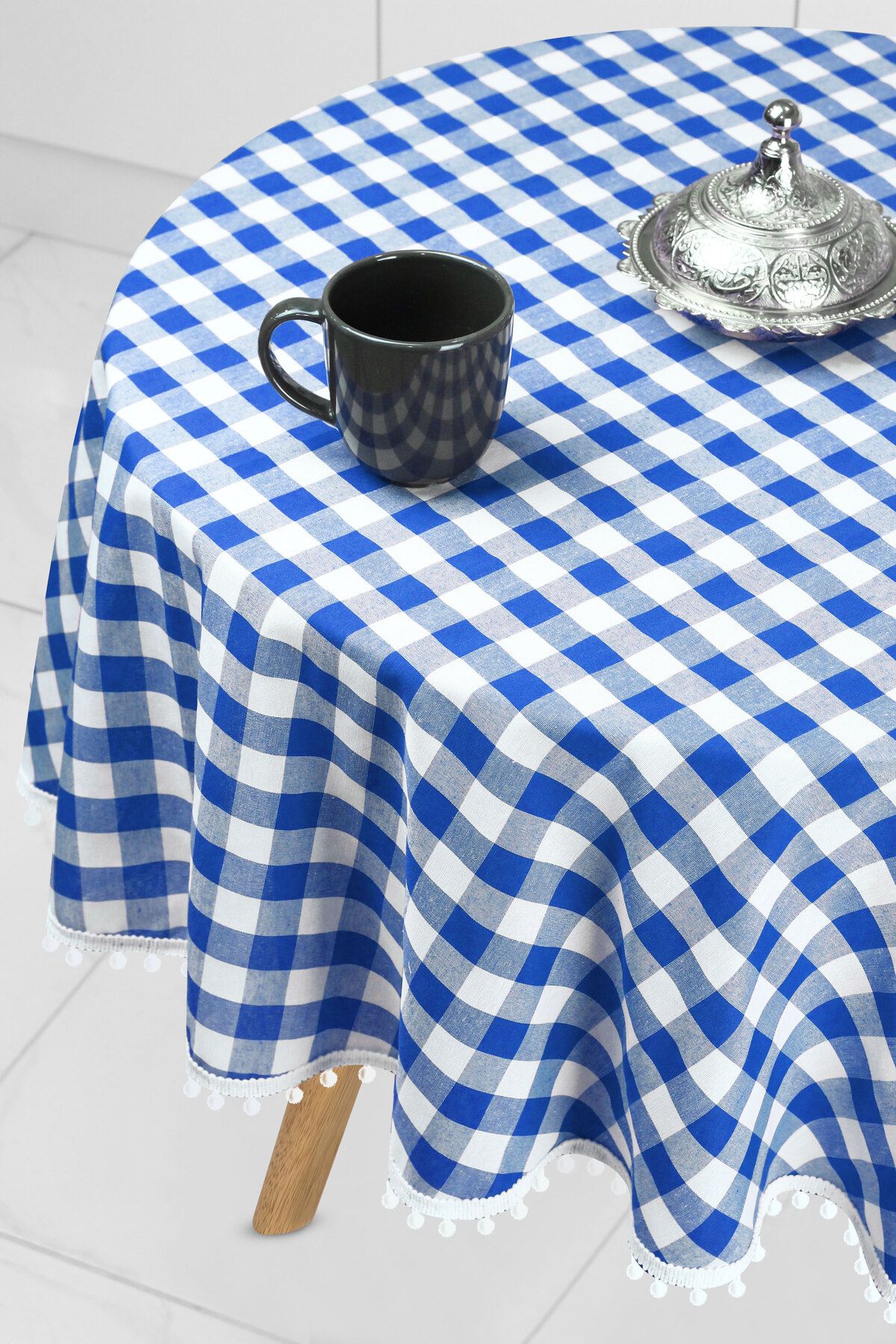 Soft Kare-Bommel Gingham Round Pompom Tablecloth Gingham Round 3