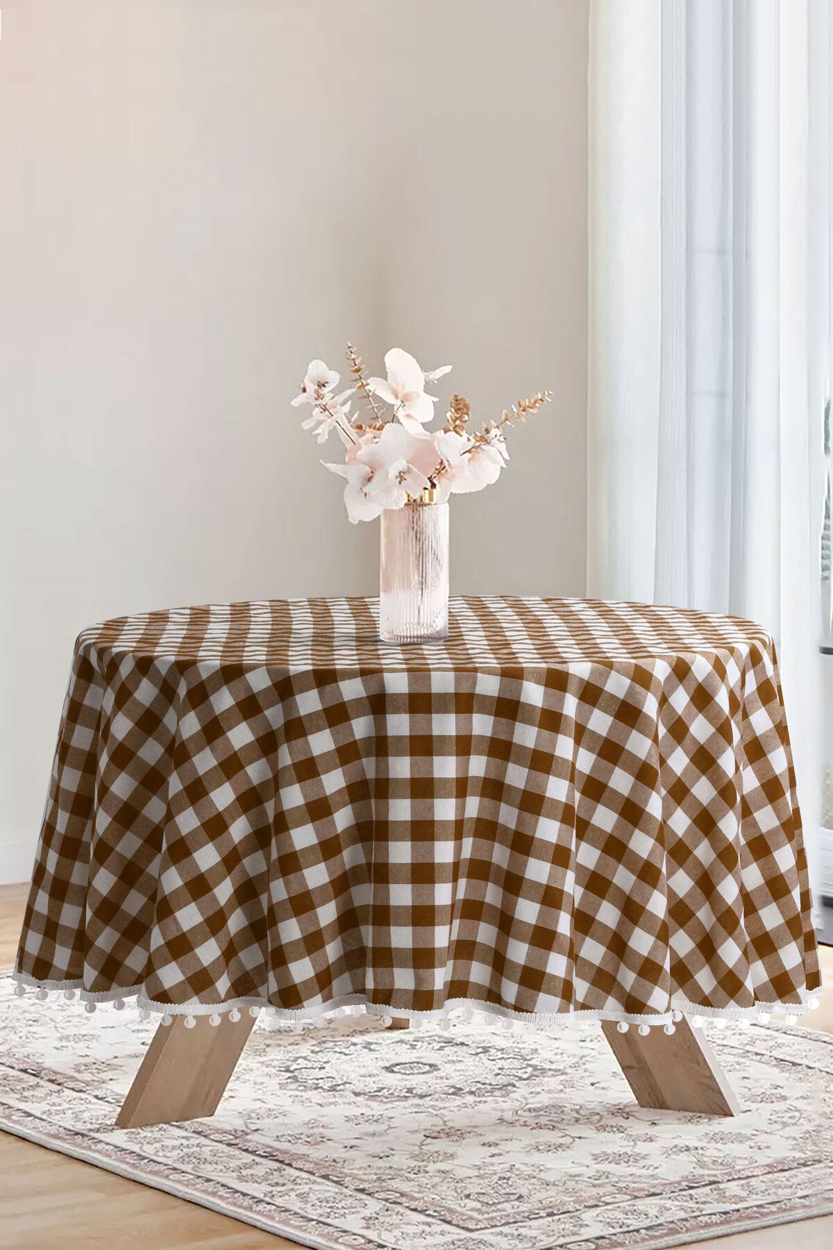 Soft Kare Față De Masă Cu Pompon Rotund Bommel Gingham Rotund - 80 x 80