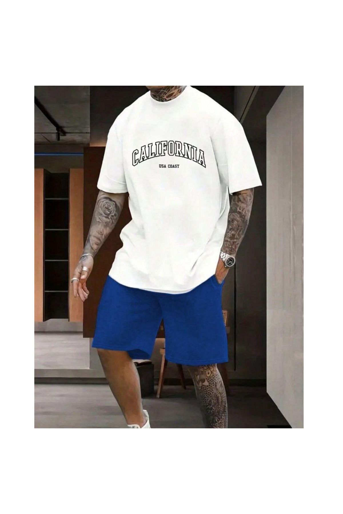 WHITE Oversize Tshirt PLAIN + SAX BLUE PLAIN Shorts Summer Suit