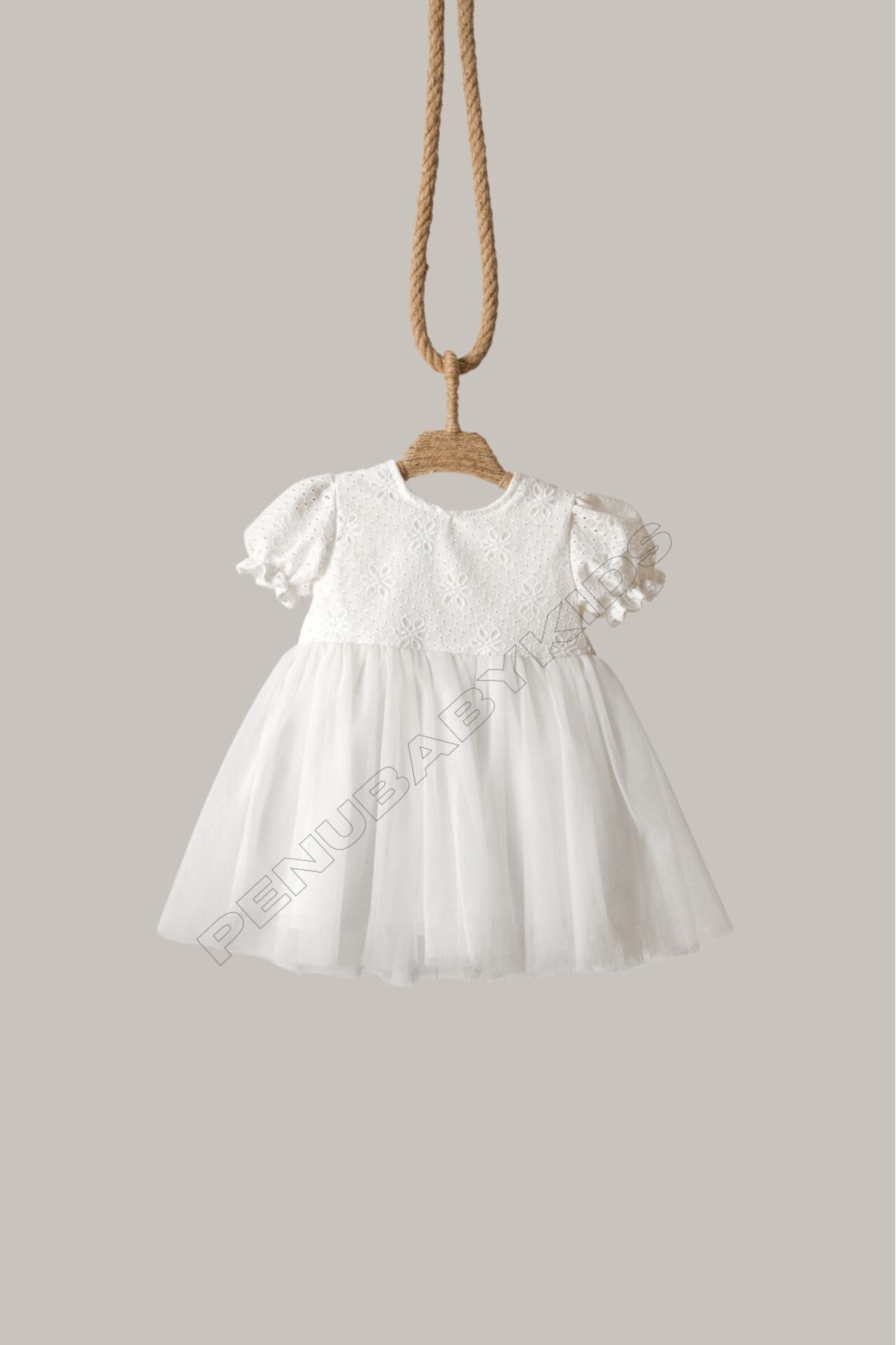 penu baby kids Beyaz Fisto Detaylı Tül Etekli Kısa Kol Kız Bebek Elbise fotoğrafı 6 (önizleme)