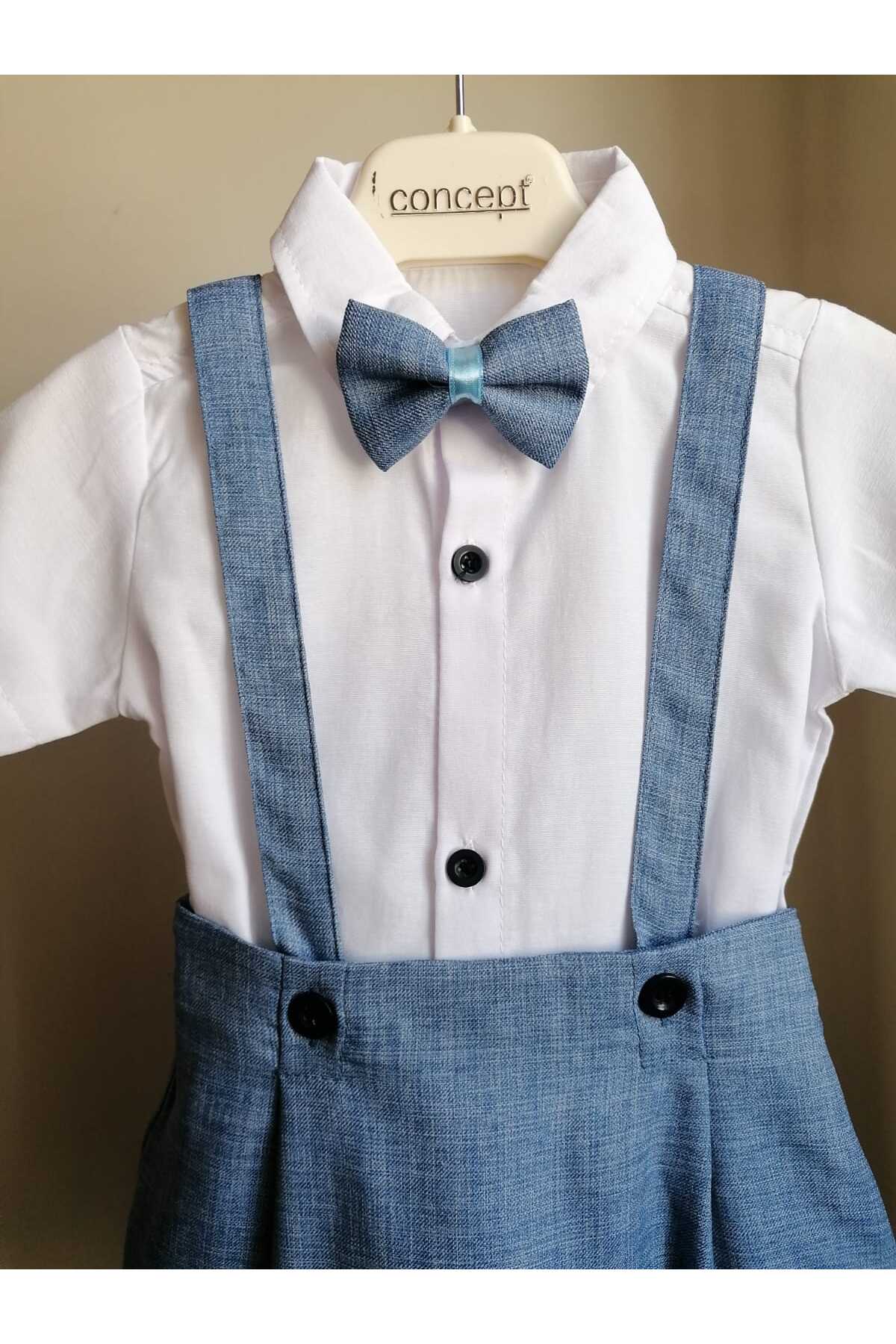 bebeksen Papyonlu 3'lü Şortlu Mavi Klasik Erkek Bebek Salopet Takım Özel Gün Kıyafeti Düğün Bebek Hediyesi fotoğrafı 2 (önizleme)