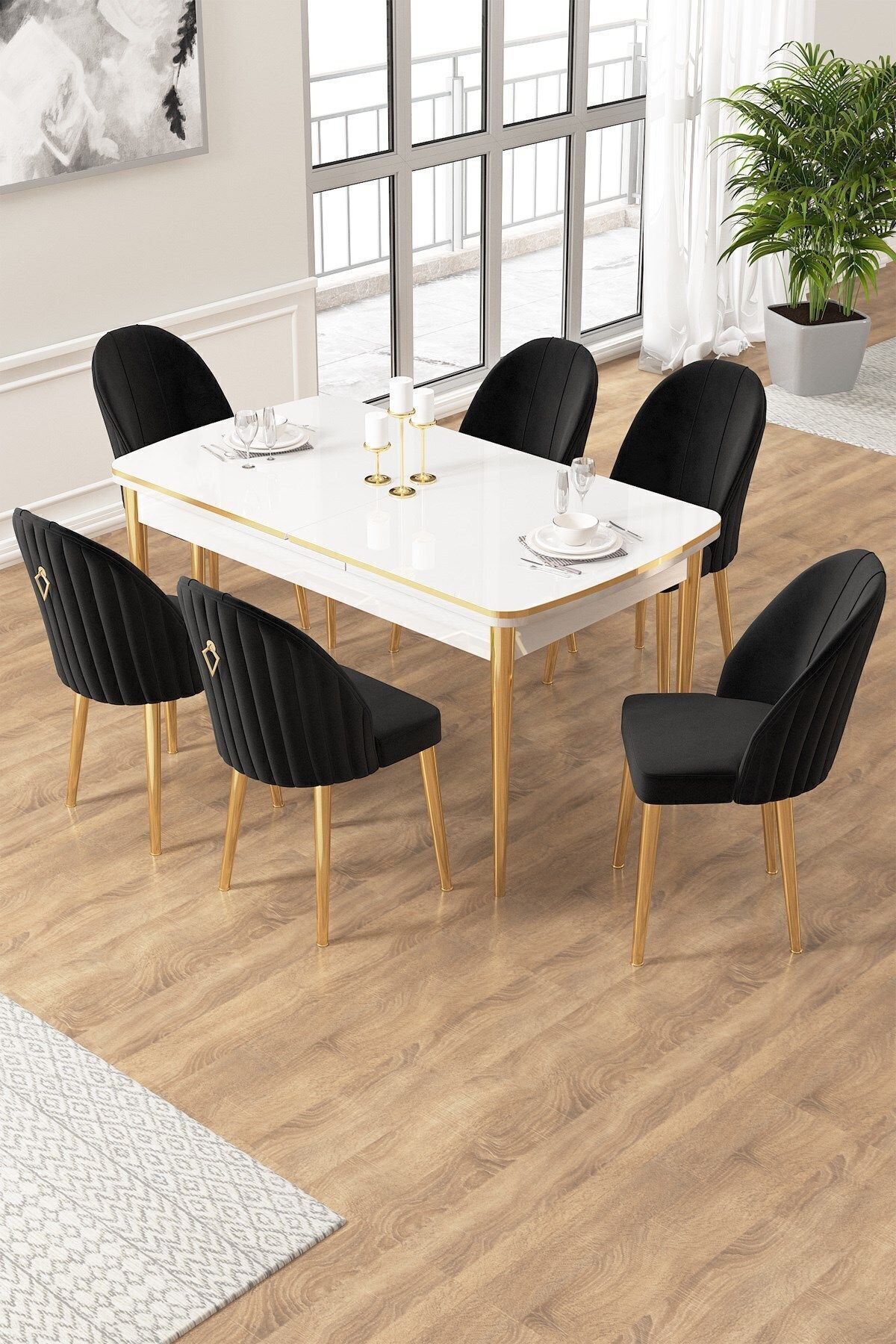 Canisa Edaf Serisi 80x132 Açılabilir Beyaz Mutfak Masa Takımı 6 Siyah Sandalye Gold Detay