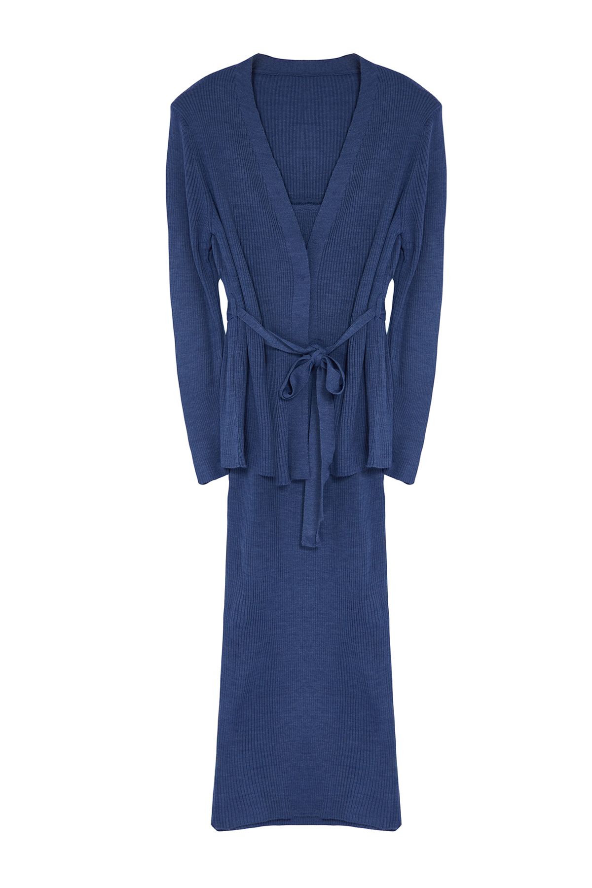 Trendyol Collection-Indigofarbenes, geripptes, mittelgroßes 2-teiliges Strick-Cardigan-Kleid in Übergröße und Umstandsstrickkleid TBBAW24AH00016 6