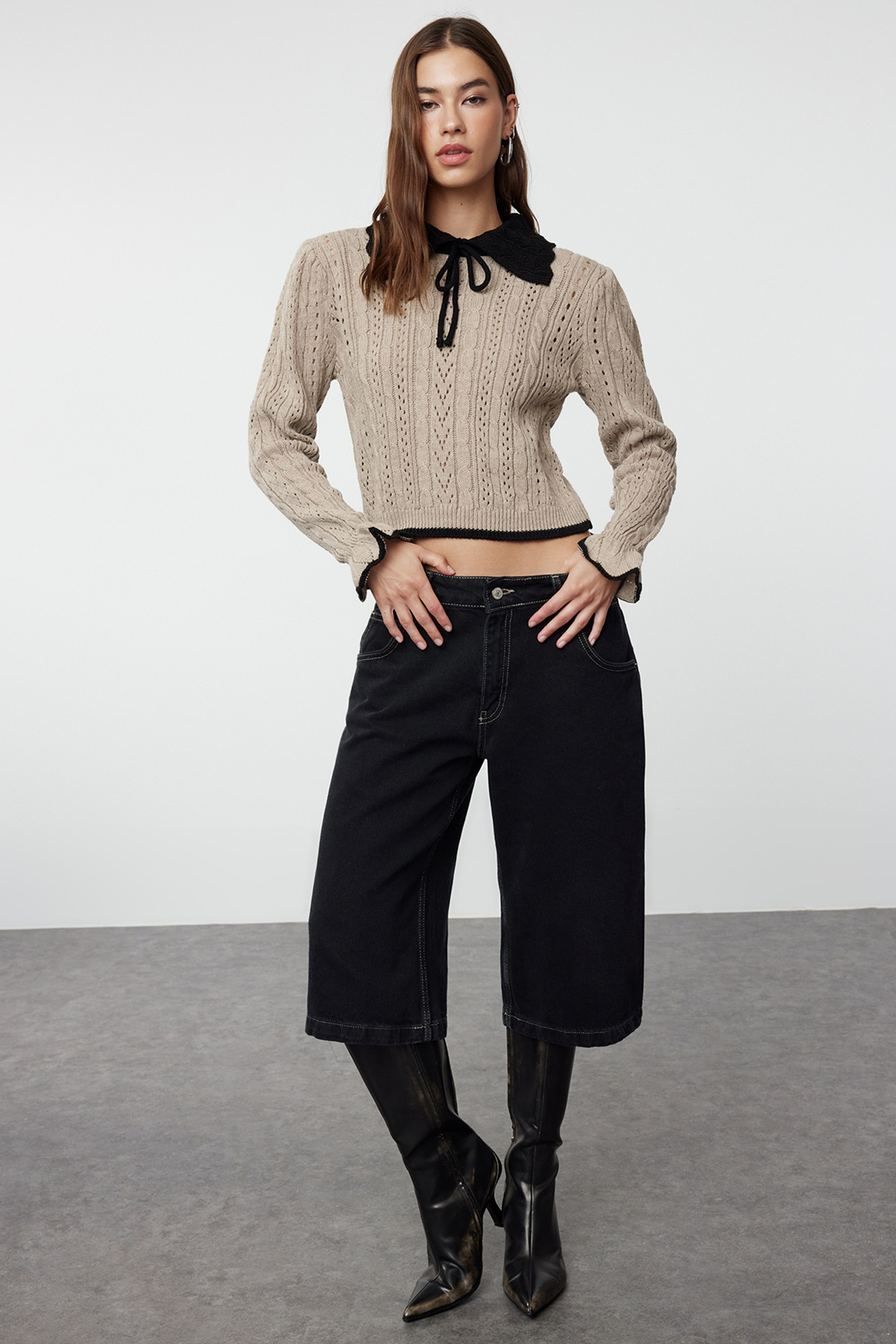 Trendyol Collection-Openwork Mink Crop Knitwear Sweater - Perforated Ribbon and Bow Detail Twoaw24Kz01055 2