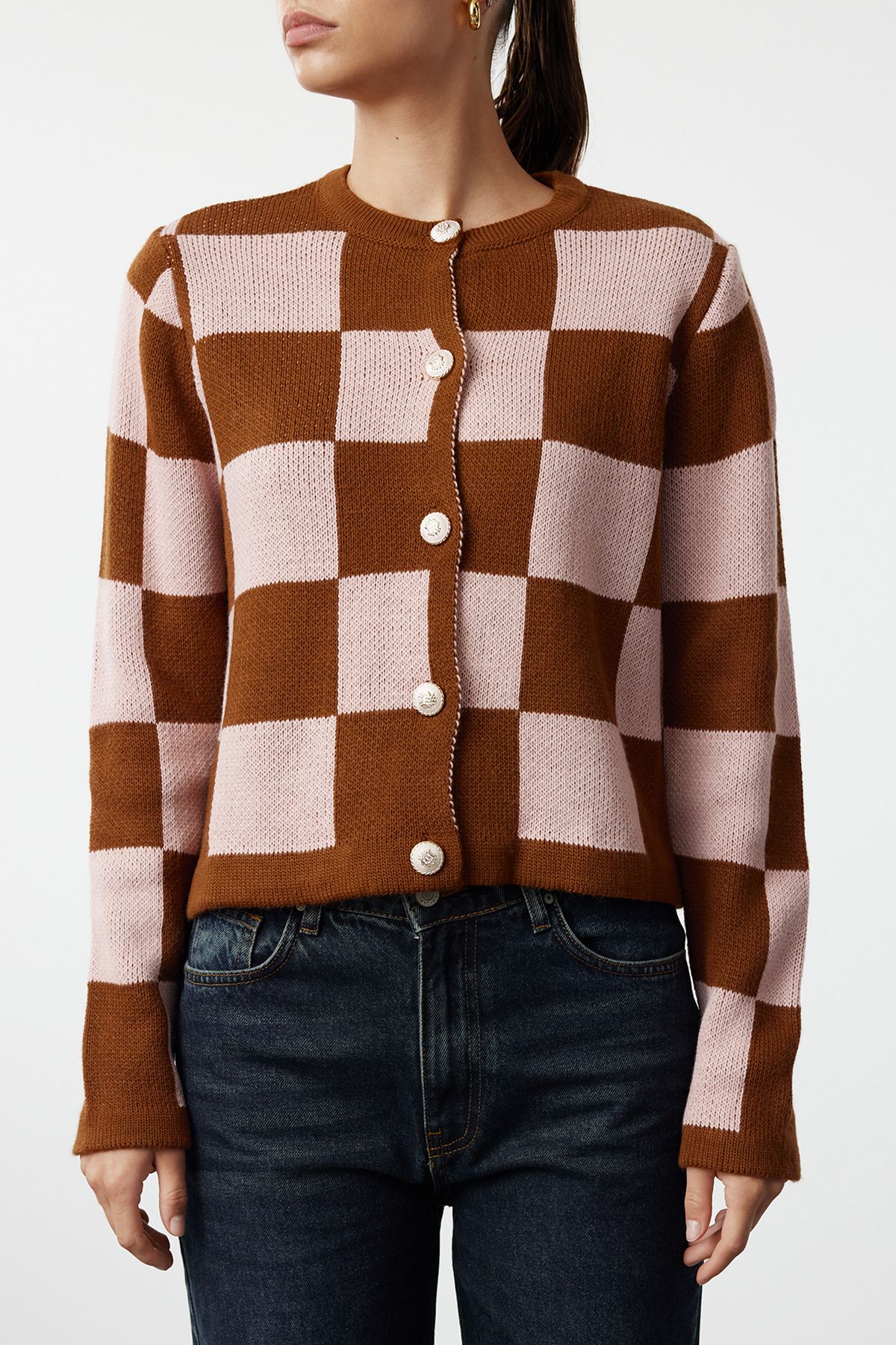 Trendyol Collection-Brauner karierter Strick-Cardigan – Jacken-Look, TWOAW24HI00089 3