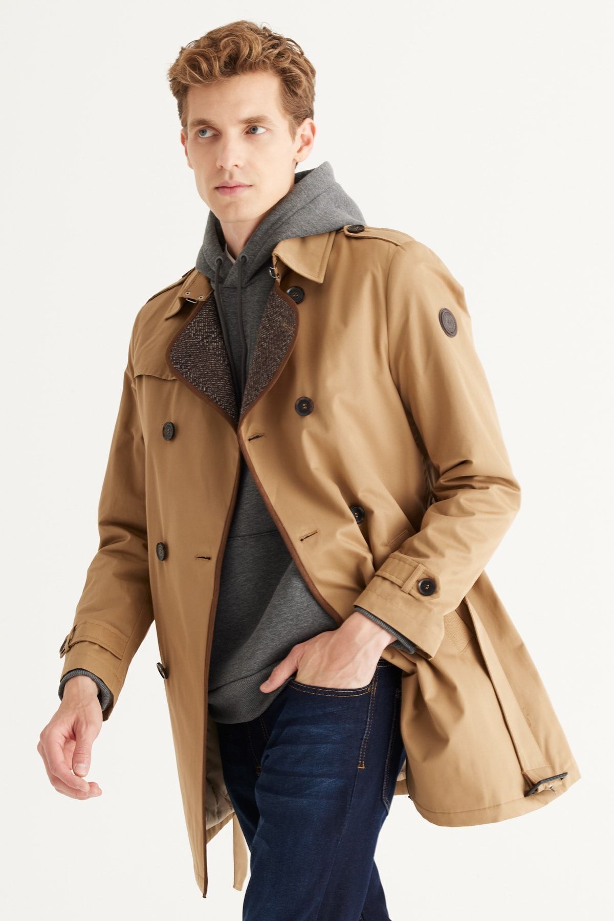 ALTINYILDIZ CLASSICS-Beigefarbener Herren-Trenchcoat aus Baumwolle mit Standard-Passform und normalem Schnitt und Hemdkragen 5
