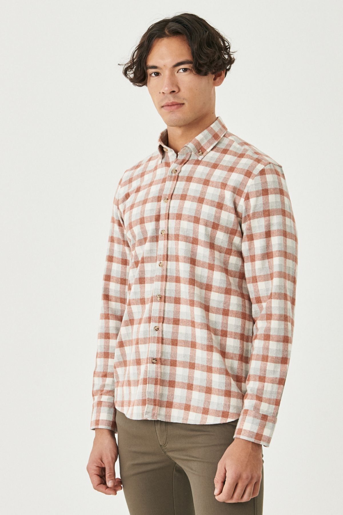 Erkek Kıremıt Grı Slim Fit Dar Kesim Düğmeli Yaka Gömlek