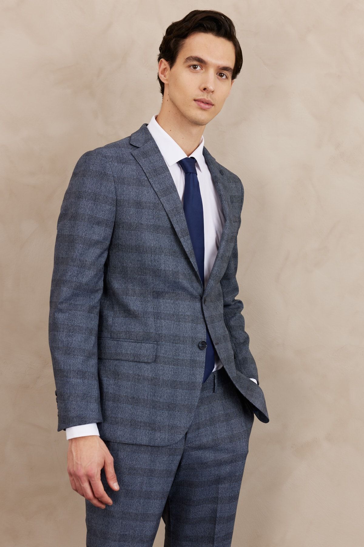 آلتین ییدلیز کلاسیکس کت و شلوار مردانه طرح‌دار یقه گرد تک رنگ آبی اسلیم فیت با شلوار دو تکه