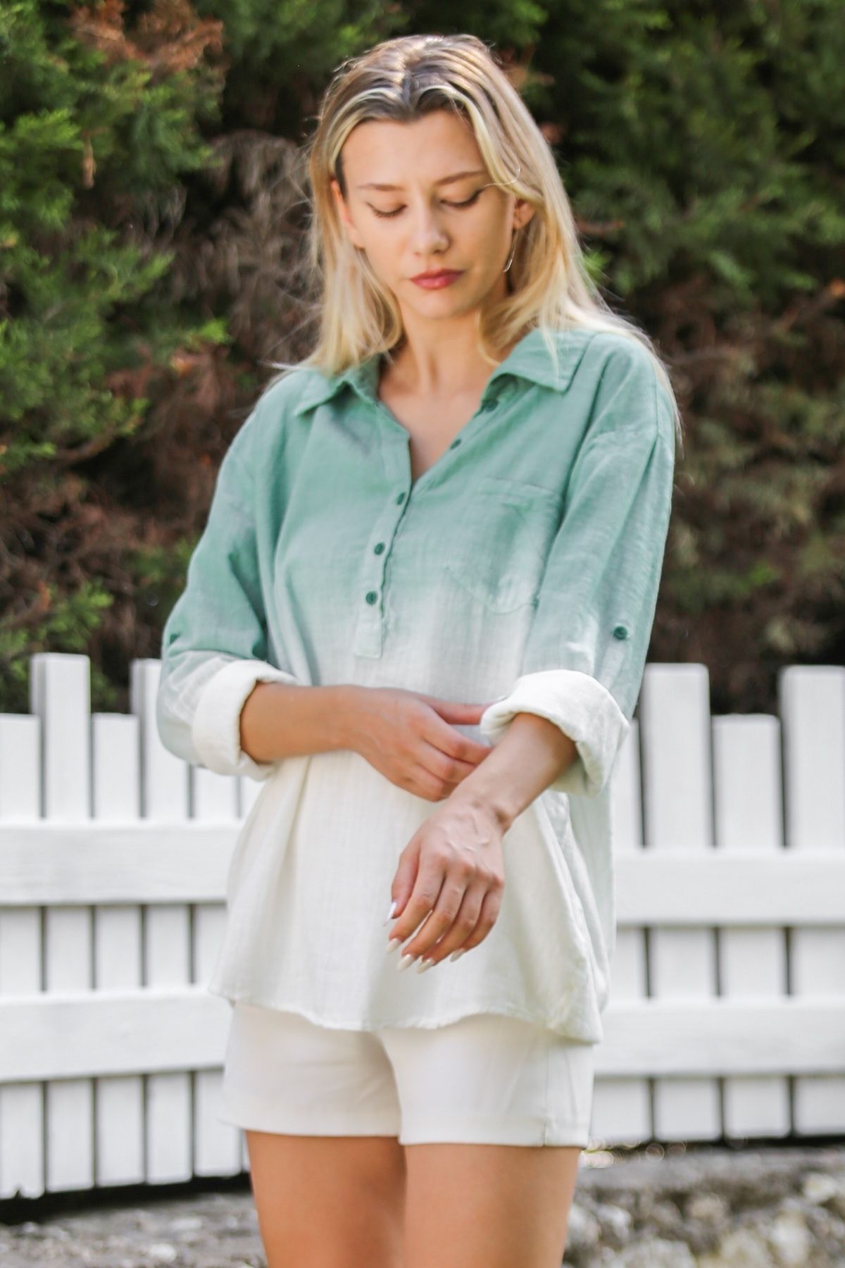 Chiccy-Pastel Green Buttoned Shirt Collar Long Sleeve Washed Casual Blouse 3
