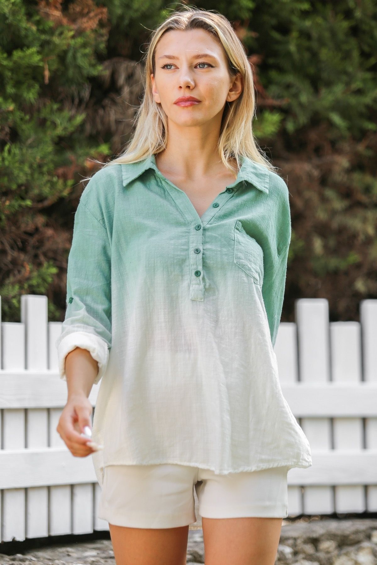 Chiccy-Pastel Green Buttoned Shirt Collar Long Sleeve Washed Casual Blouse 2