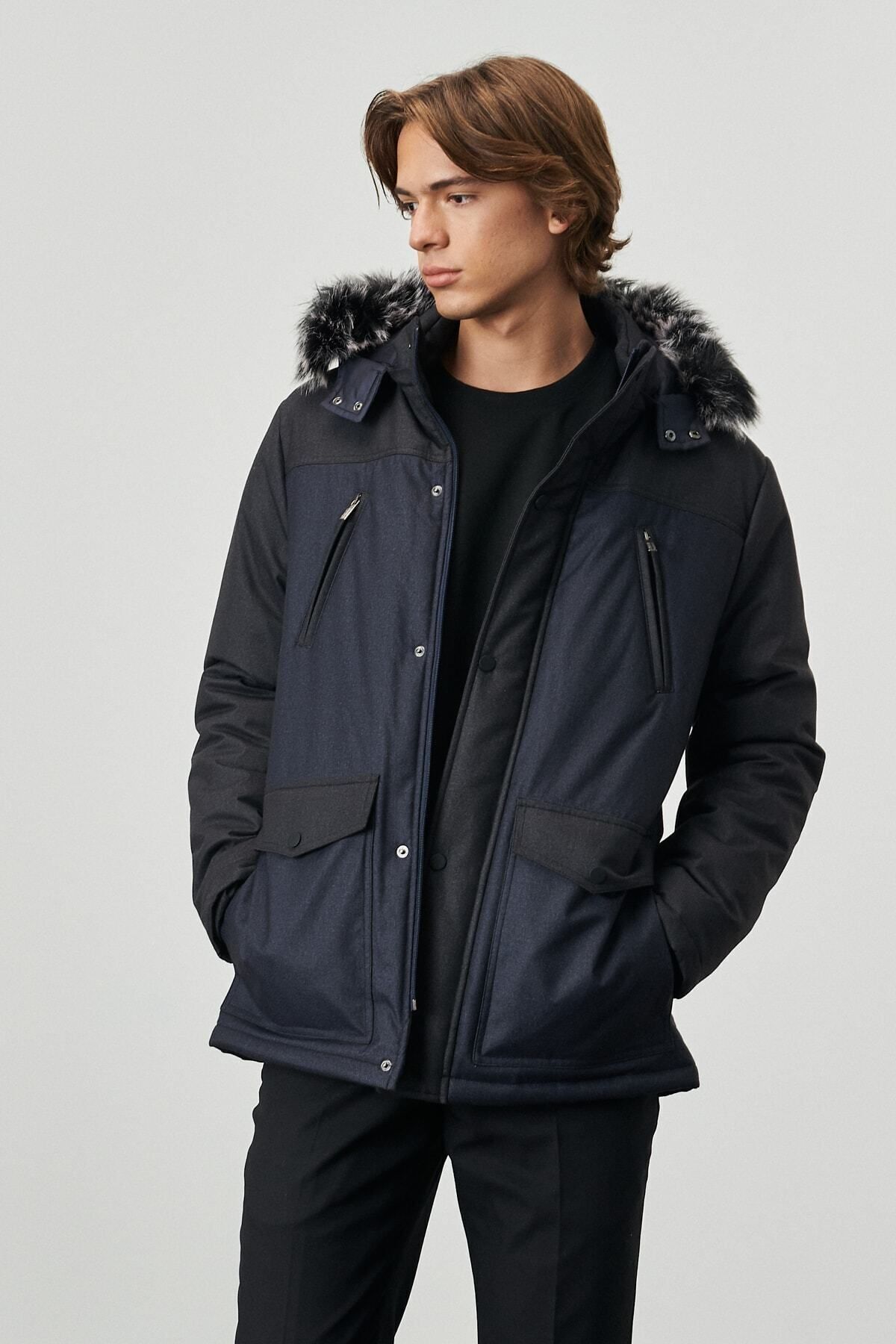 Erkek Antrasit-lacivert Standart Fit Normal Kesim Kapüşonlu Desenli Kaban