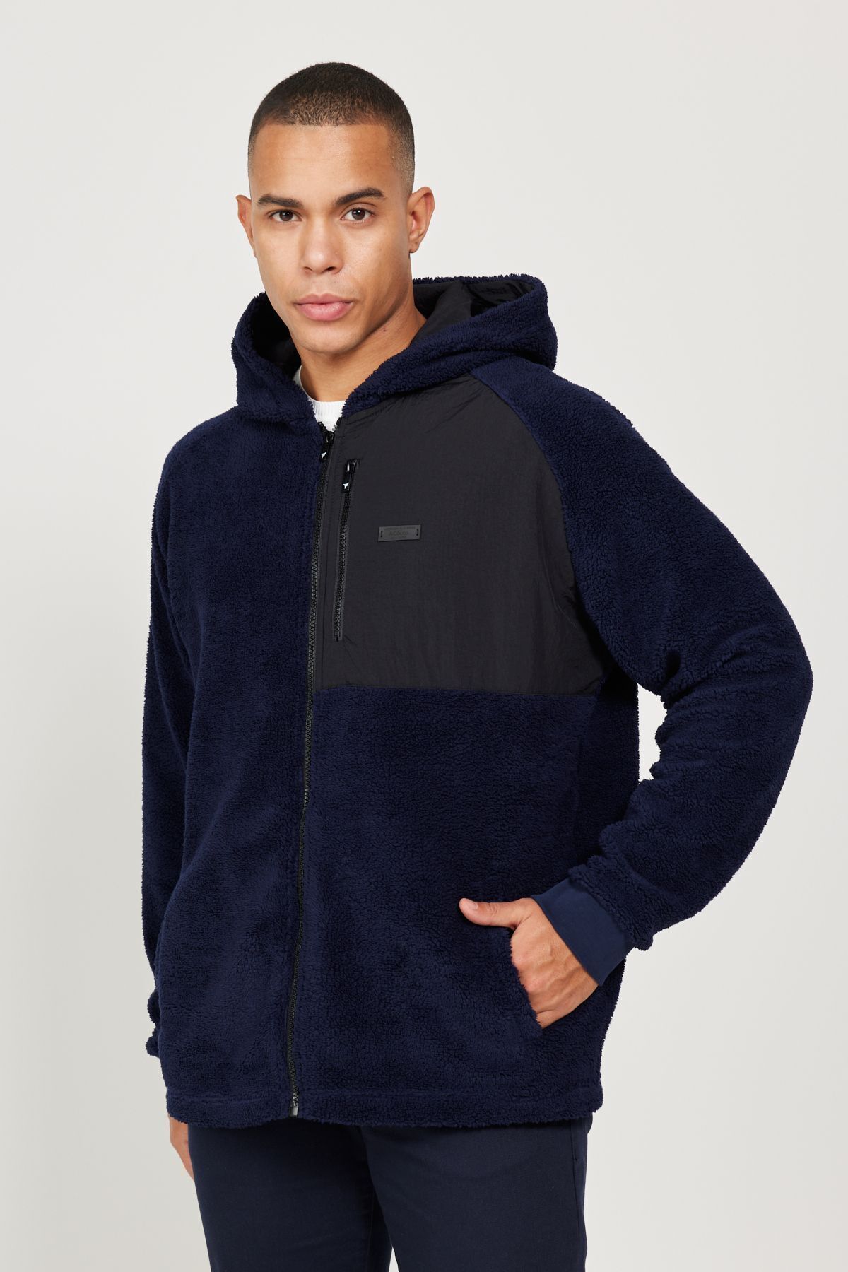AC&Co / Altınyıldız Classics Erkek Lacivert Oversize Bol Kesim Kapüşonlu Sherpa Polar Sweatshirt Ceket görsel 7