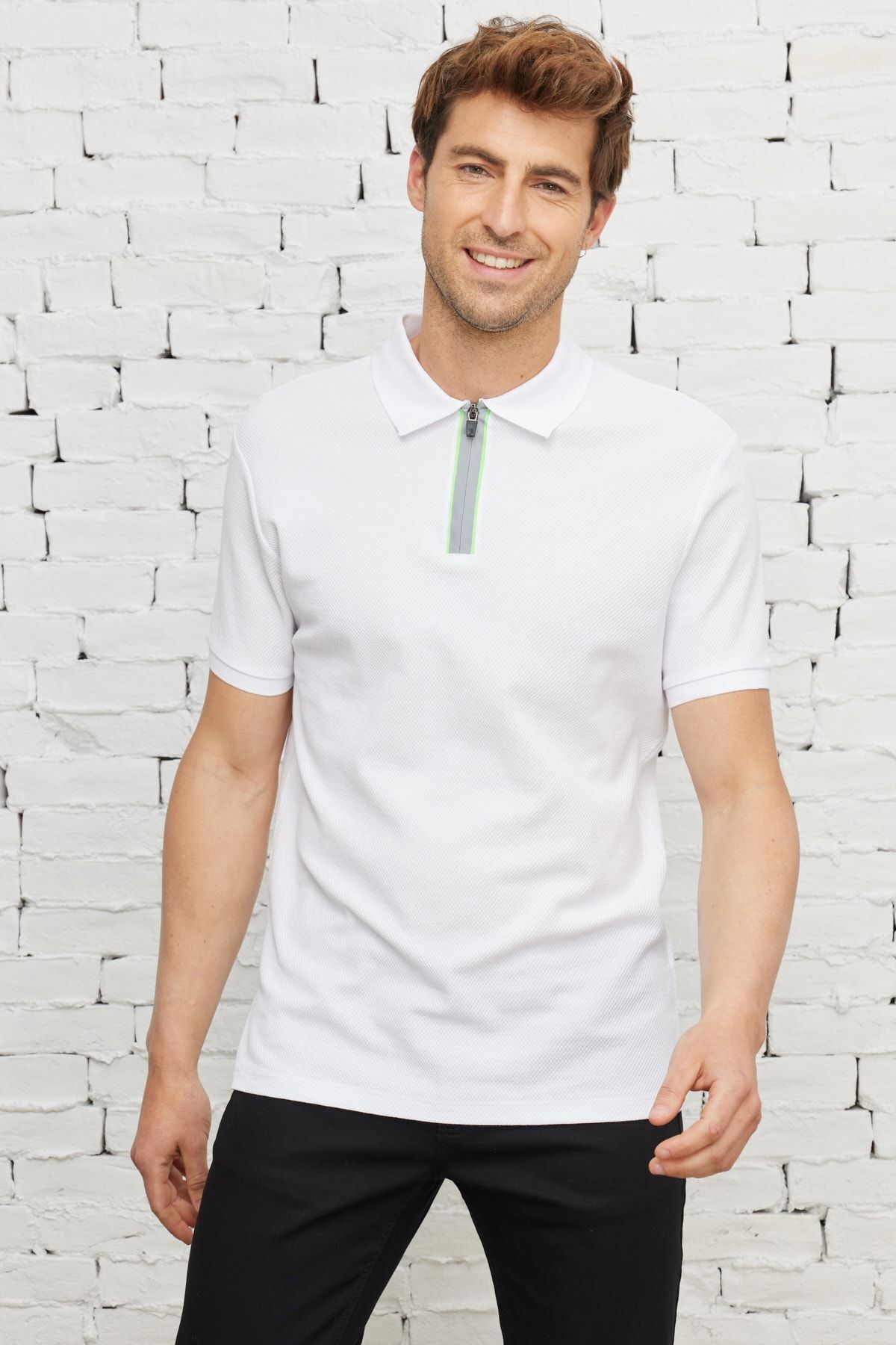 Erkek Beyaz Slim Fit Dar Kesim Polo Yaka %100 Pamuk Petek Desenli Kısa Kollu Tişört