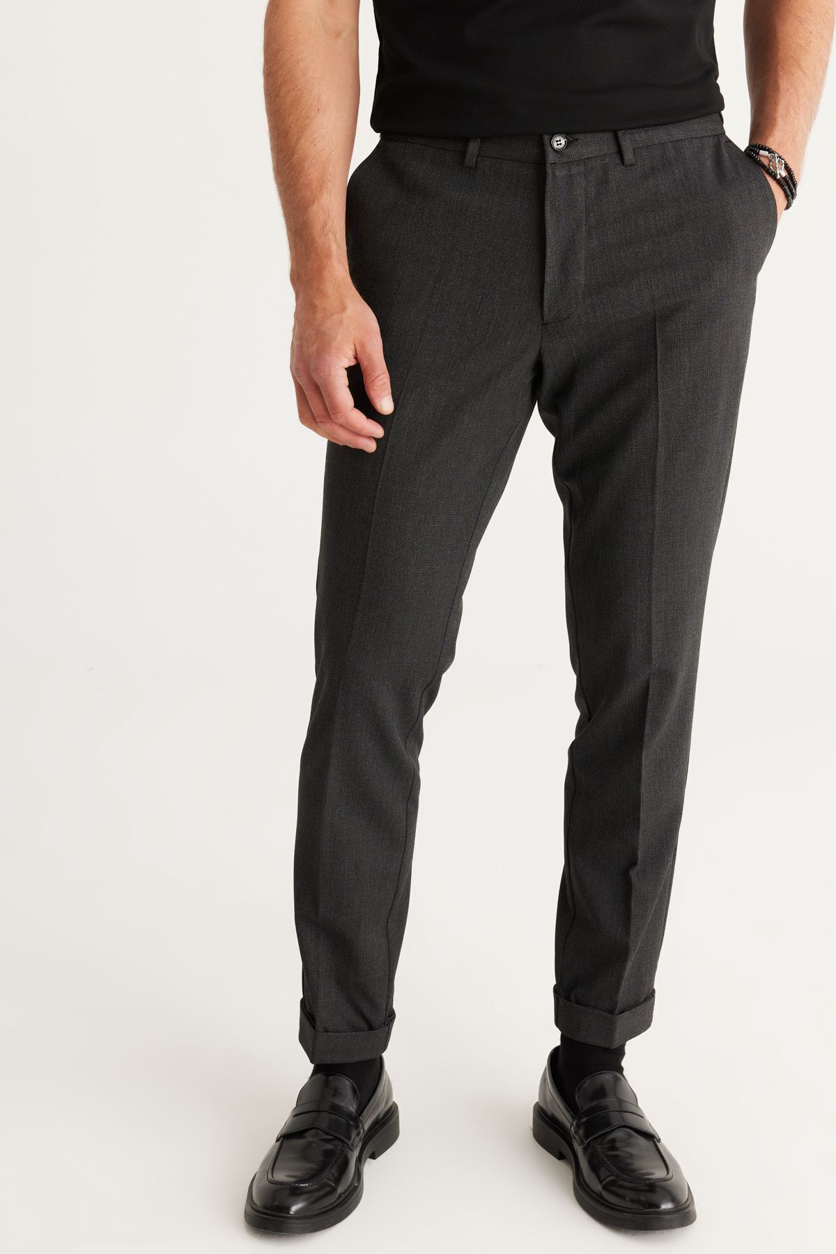 Erkek Gri Slim Fit Dar Kesim Beli Lastikli Esnek Klasik Kumaş Pantolon