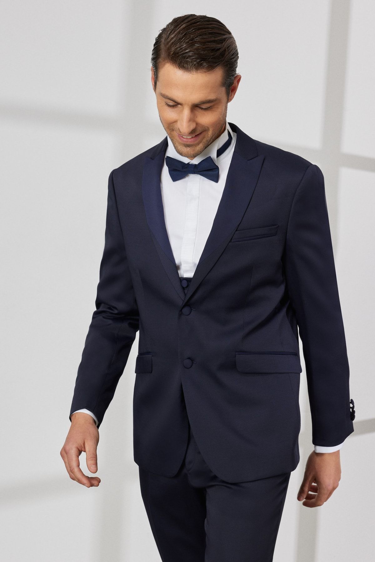 ALTINYILDIZ CLASSICS-Costum smoking pentru bărbați, albastru marin, slim fit, cu guler înghițit, cu vestă Dobby 1