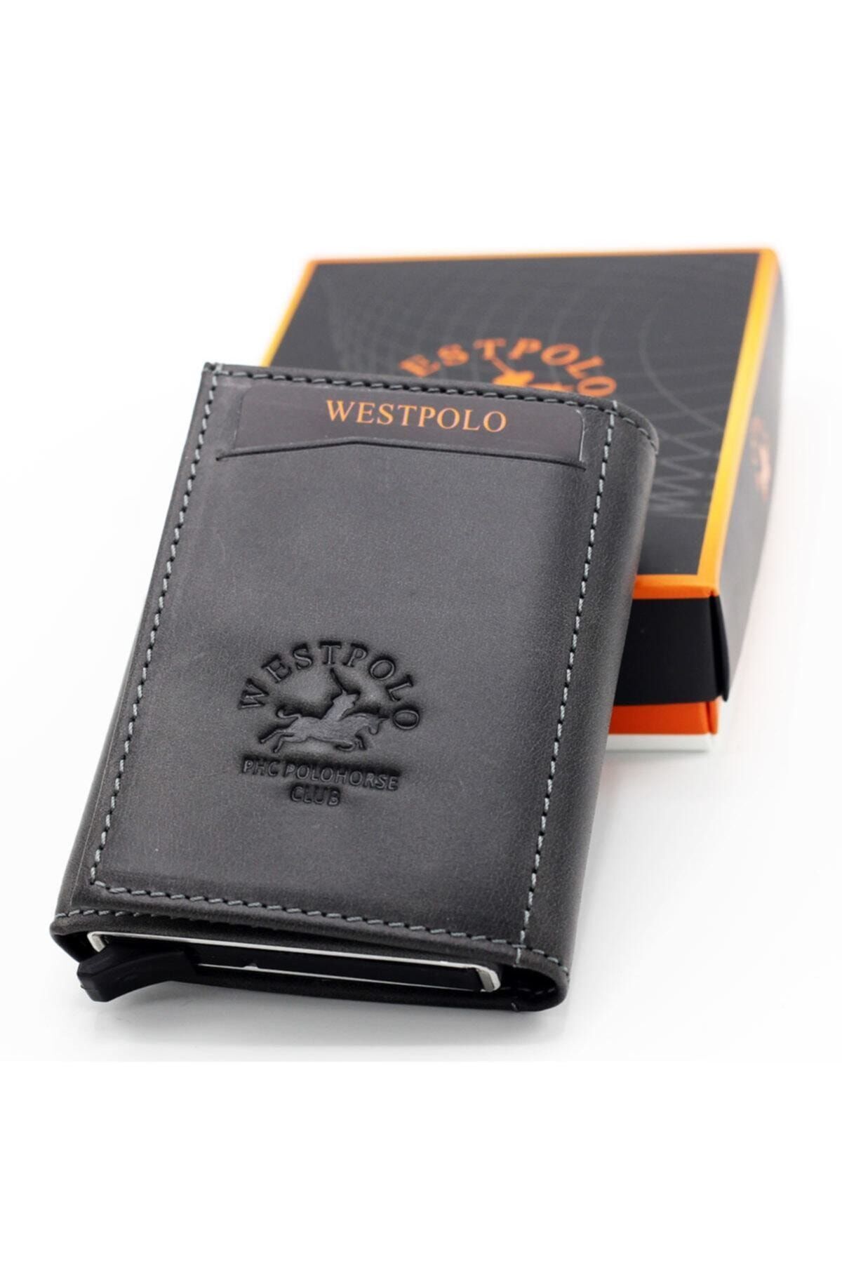 کیف پول مردانه مکانیزم چرمی واقعی خاکستری نگهدارنده کارت Westpolo