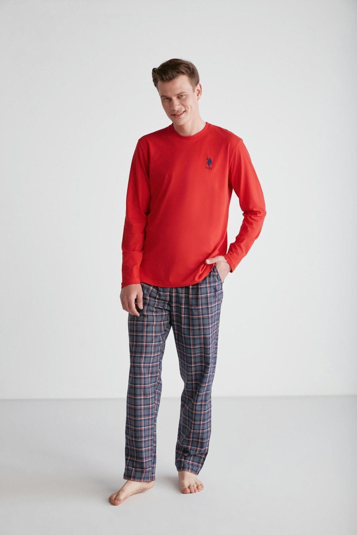 ست پیژامه قرمز مردانه لباس خواب یقه گرد U.S. Polo Assn.